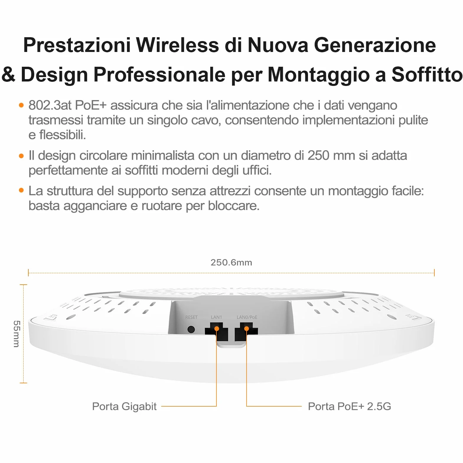 Tenda BE5010 Punto di accesso WiFi 7 con 2 porte (1x porta PoE+ 2.5G e 1x porta Gigabit, 802.11be Dualband, sicurezza WPA3, più SSID, gestione tramite app/cloud o locale, incluso alimentatore) (i36)