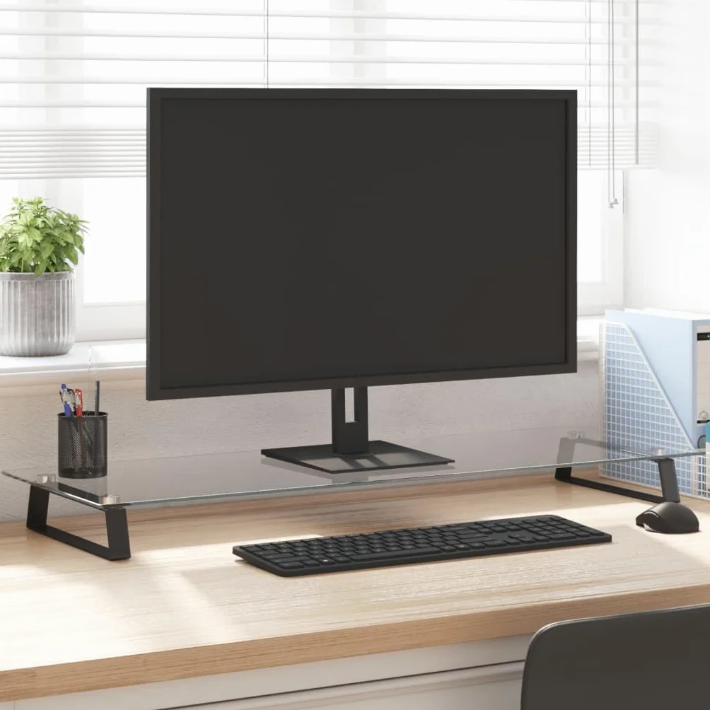 Supporto per monitor in vetro temperato, nero, 100 x 35 x 8 cm, in vetro temperato e metallo, rialzo ergonomico per monitor con angoli arrotondati per un maggiore ordine sulla scrivania