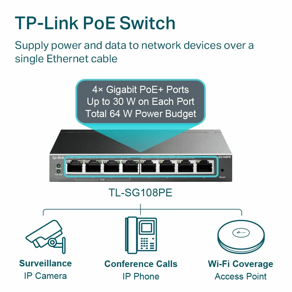 TP-Link Switch Gigabit TL-SG108PE Easy Smart con 4 porte PoE+ (64 watt, porte RJ-45 schermate, IEEE-802.3af/at, configurazione semplice, senza ventola), nero/antracite, 8 porte PoE Smart