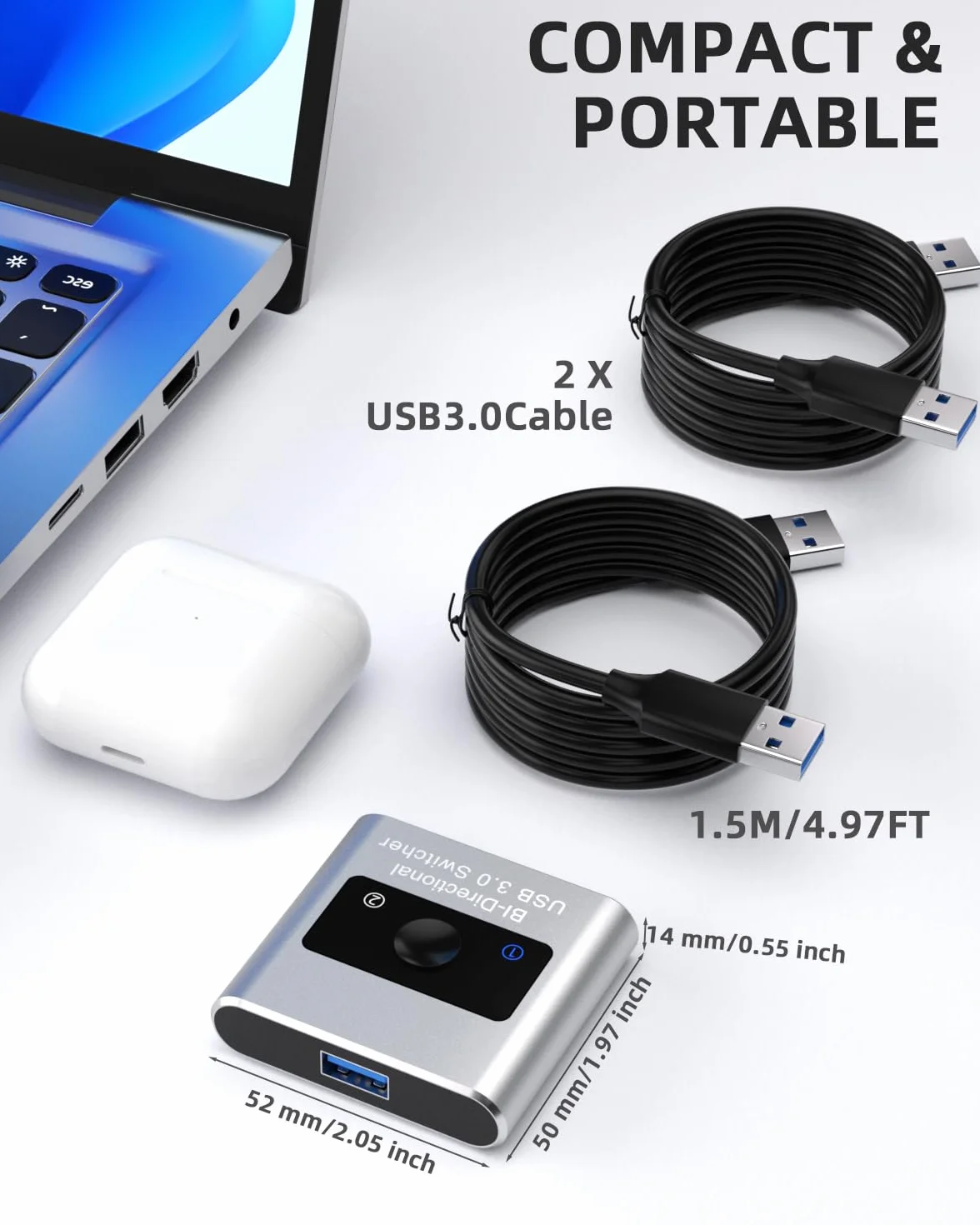 Selettore interruttore USB 3.0, splitter bidirezionale 2 in 1 uscita/1 in 2 uscite, commutatore USB in alluminio, 2 computer condividono 1 dispositivo per stampante, tastiera, mouse, con 2 cavi (1,5 m