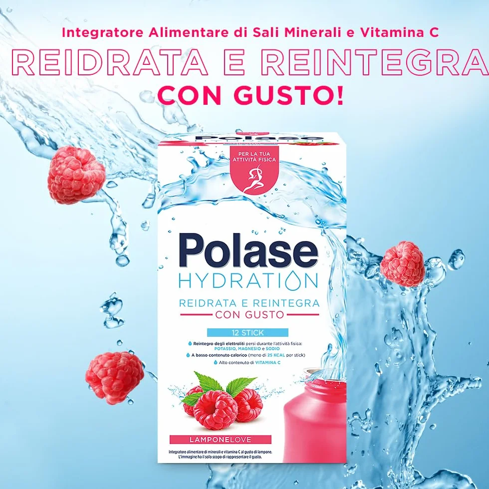 Polase Hydration, Integratore Alimentare Sali Minerali con Magnesio e Potassio e Vitamina C, Gusto Lampone, 12 sticks