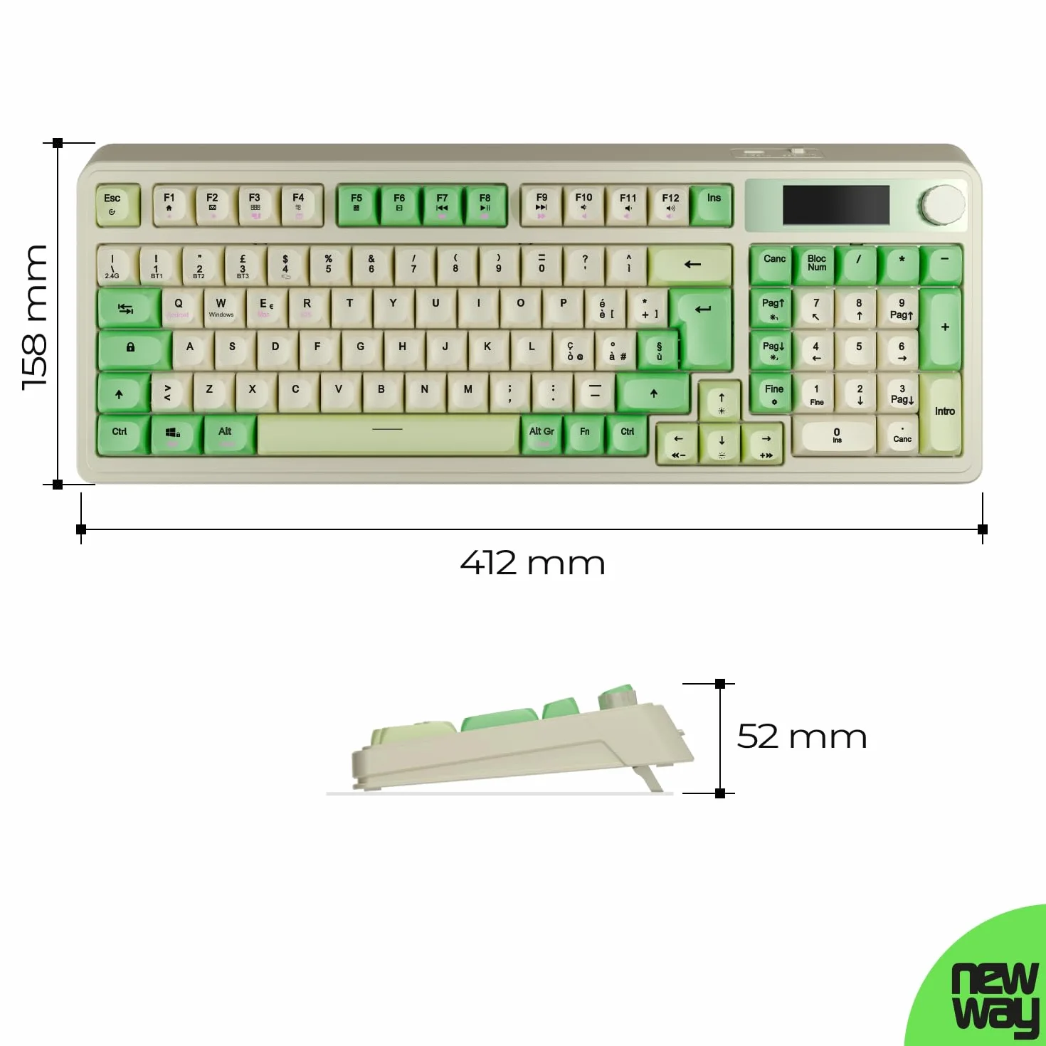 Tastiera Senza Fili Ricaricabile NEWWAY NK251 Layout Italiano QWERTY Tripla Modalità WiFi 2.4 GHz Bluetooth USB-C Display LCD Rotella Multifunzione Retroilluminazione RGB