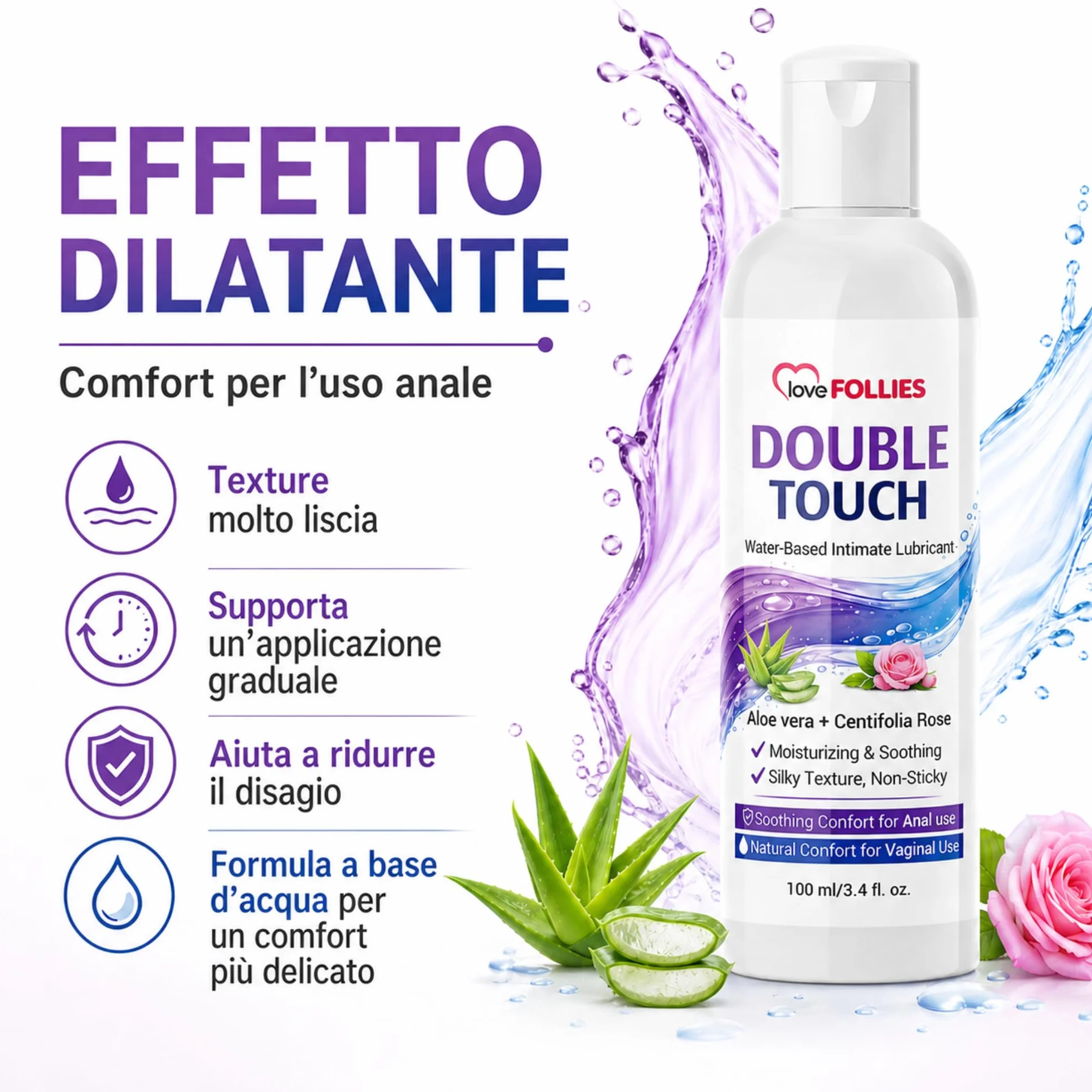 Gel Lubrificante Intimo Double Touch All'Acqua con Aloe Vera e Rosa Centifolia, 100 ml