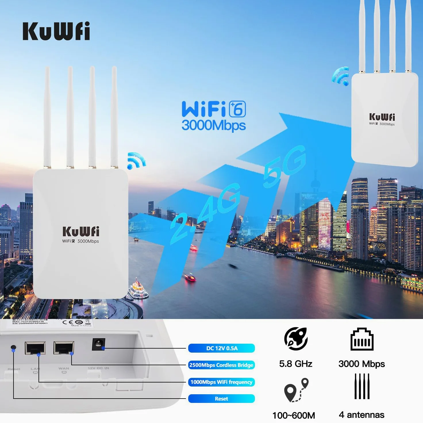 KuWFi Outdoor WiFi 6 Repeater & Extender, Punto di accesso WiFi 6 AX3000 Mbps 2,4 GHz e 5 GHz Point Bridge with 4 High Gain Antennas, Gigabit Port, Poe Powered, Supporto MU-MIMO, Seamless Roaming