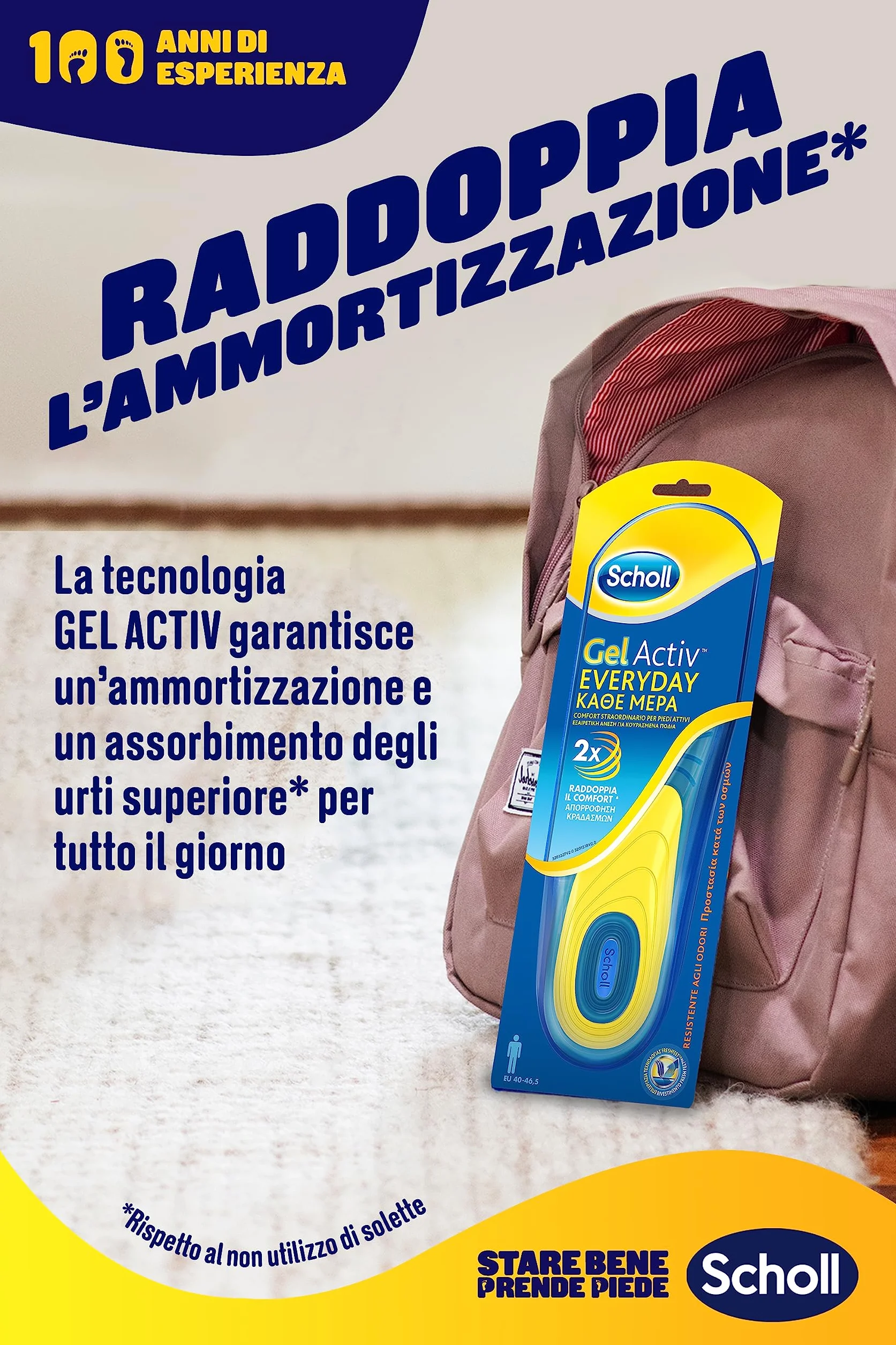 Scholl Solette Gel Activ Everyday, Solette per Scarpe Uomo Antiodore, Ammortizzazione, Misura 40-46.5, 1 Paio