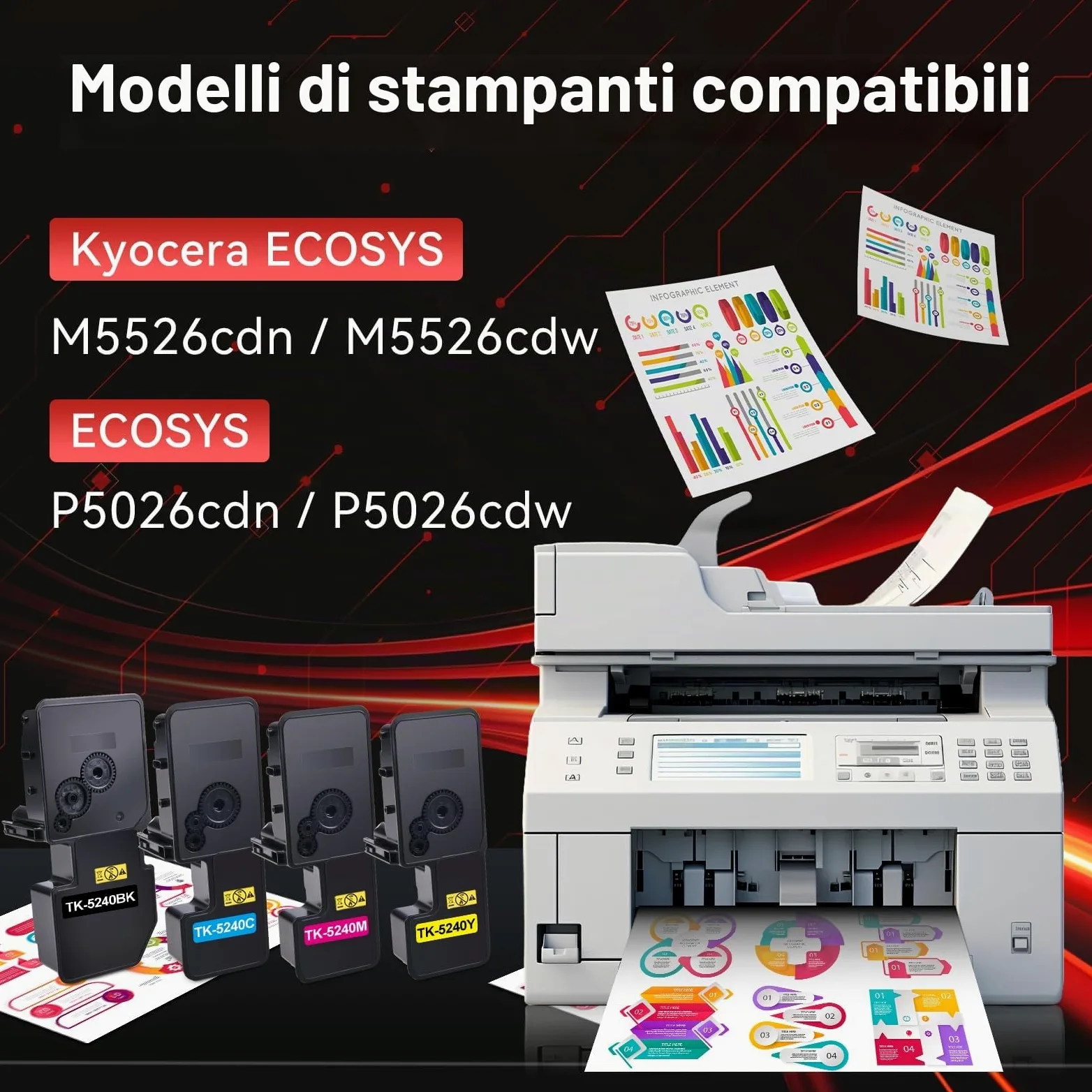 TK5240 TK-5240 compatibile con Kyocera Ecosys M5526cdw M5526cdn | Compatibile con Kyocera Ecosys M5526cdw, M5526cdn e Kyocera Ecosys P5026cdn, P5026cdw (nero, magenta, ciano, giallo)