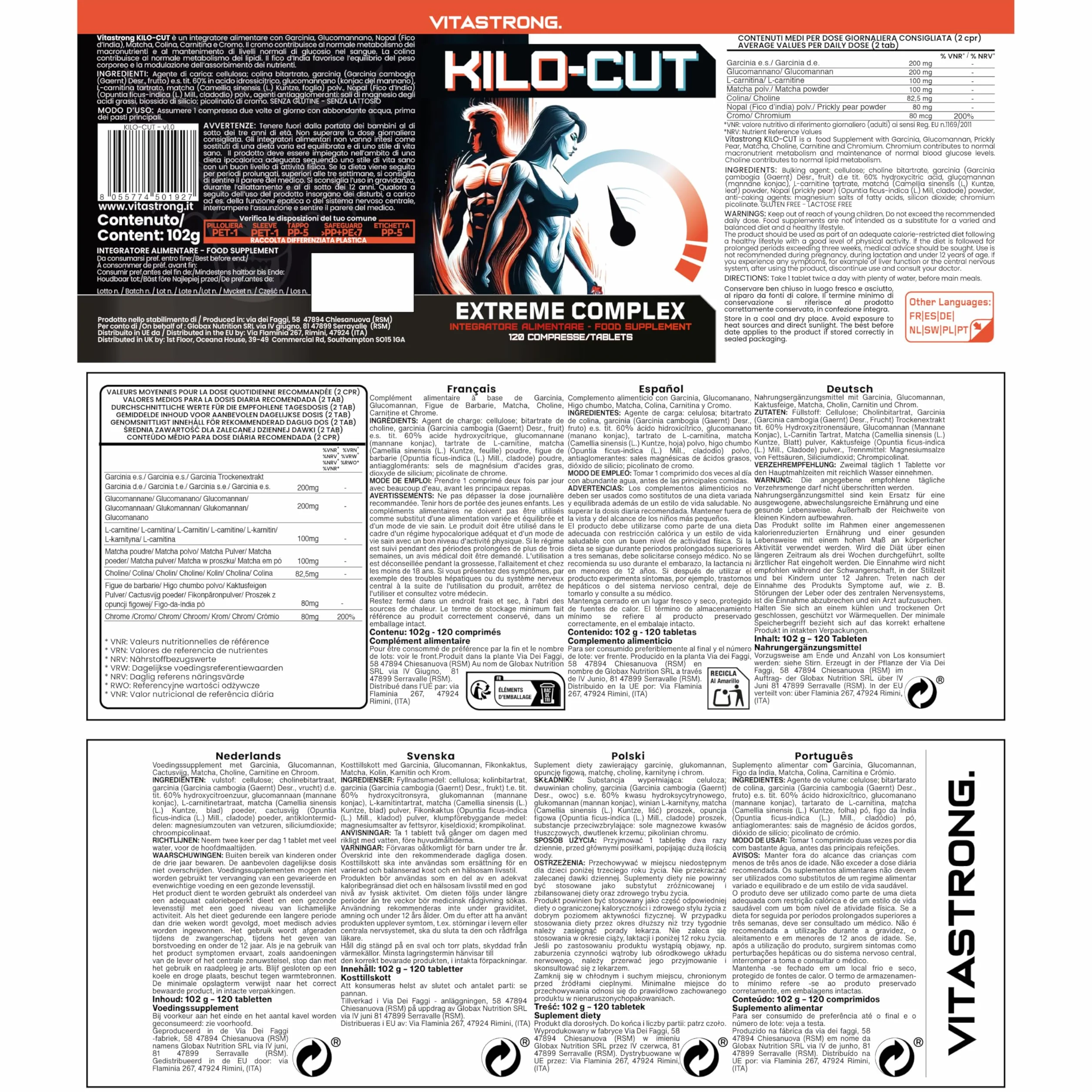 Kilo-Cut Vitastrong Vegan Integratore Dietetico con Glucomannano, Garcinia, L-Carnitina, Matcha, Colina, Fico d'India e Cromo