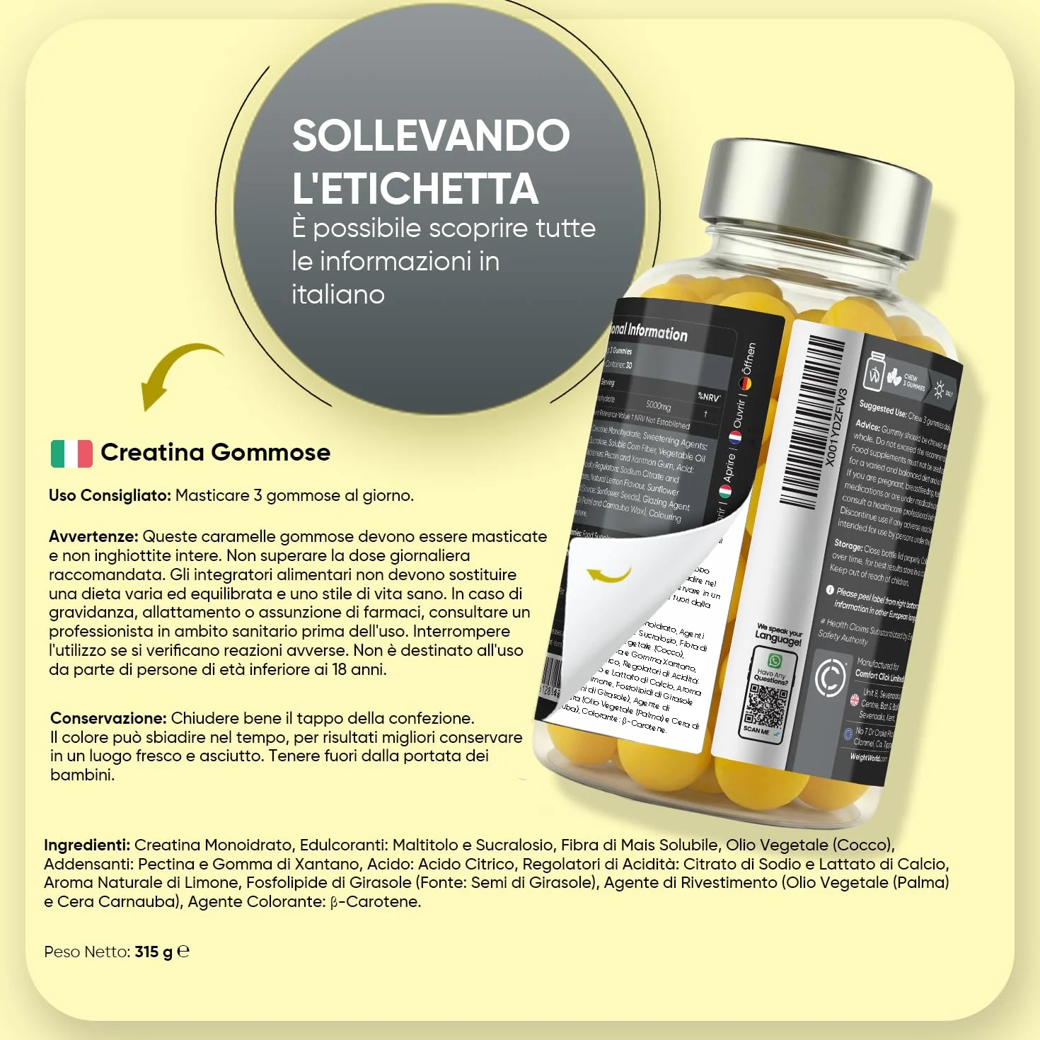 Creatina Monoidrato Gommose Vegane 5000mg per Dose Senza Zucchero Aroma Limone