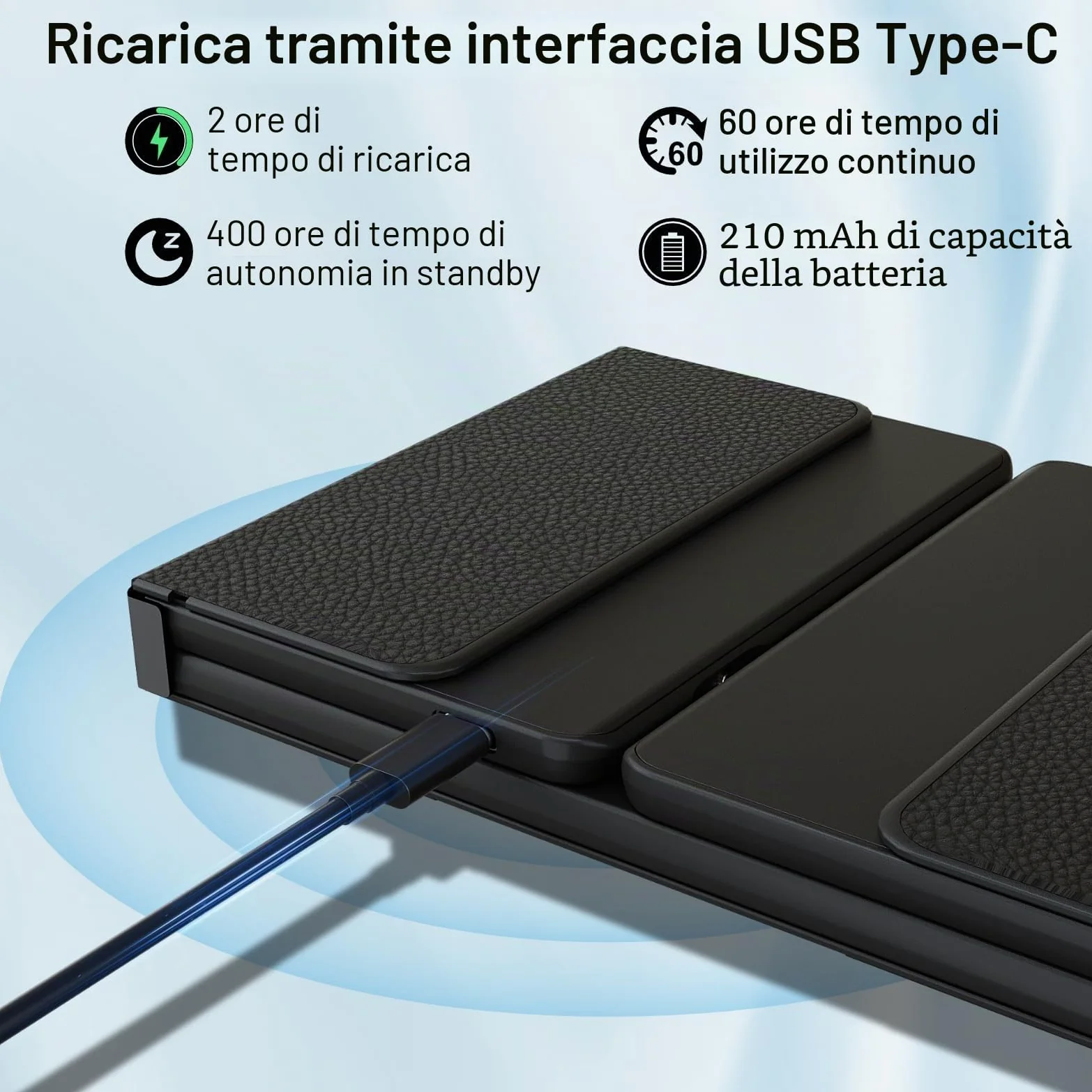 Tastiera Bluetooth pieghevole con touchpad, collega quattro dispositivi, connessione Bluetooth + cavo USB, QWERTZ tedesco con trackpad, per iOS, Android, Windows, laptop, PC