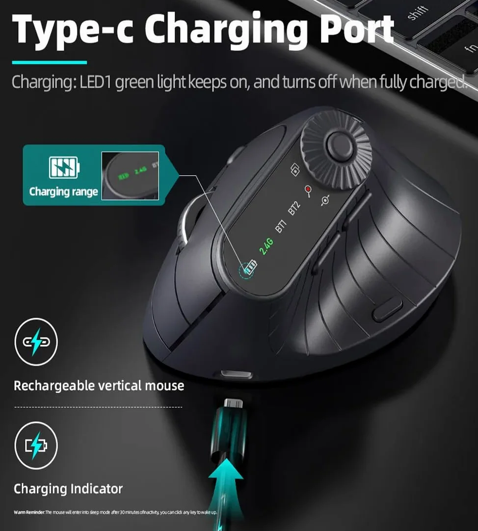 JOMAA Mouse verticale ergonomico senza fili 2,4 G e doppio Bluetooth, tre canali, DPI regolabile, piatto girevole multifunzionale, ricaricabile, per PC, laptop, MacBook (nero)