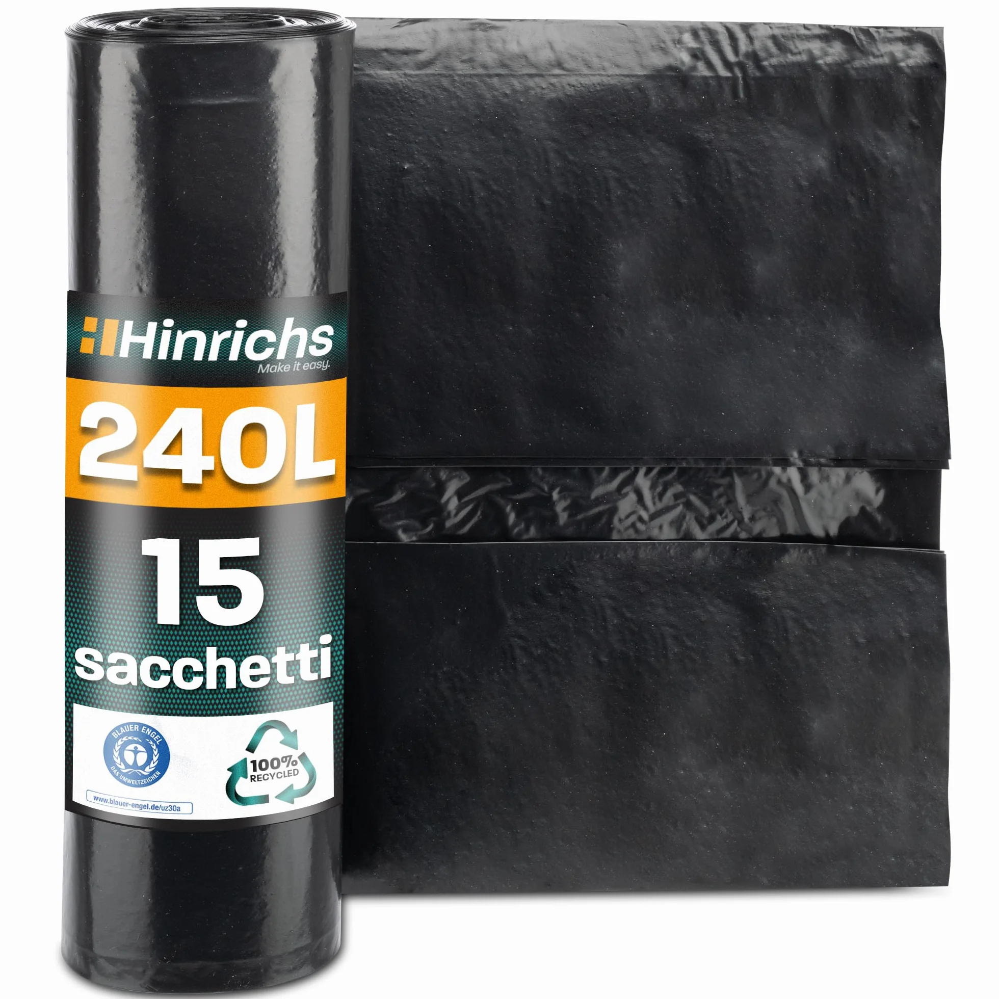 Hinrichs Sacchi Rifiuti 240 L Extra Resistenti 100 x 125 cm LDPE Riciclato 15 Pezzi