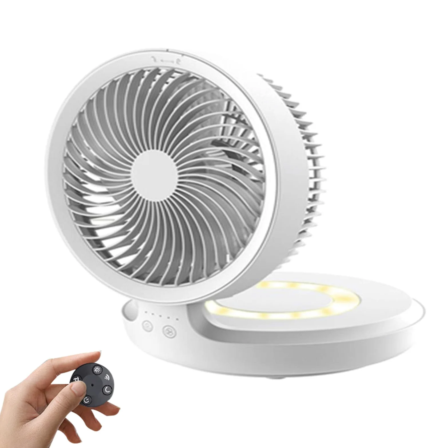 Ventilatore Portatile, con Telecomando Ventilatore da Tavolo E da Pavimento con 4 Impostazioni di velocità, Altezza Regolabile E Pieghevole Ventilatori USB con Luce Notturna,Bianca