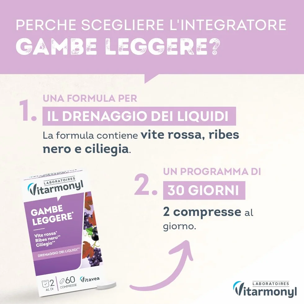 Vitarmonyl Gambe Leggere Drenante Vite Rossa Ribes Nero Ciliegio 60 compresse Integratore Gambe Pesanti