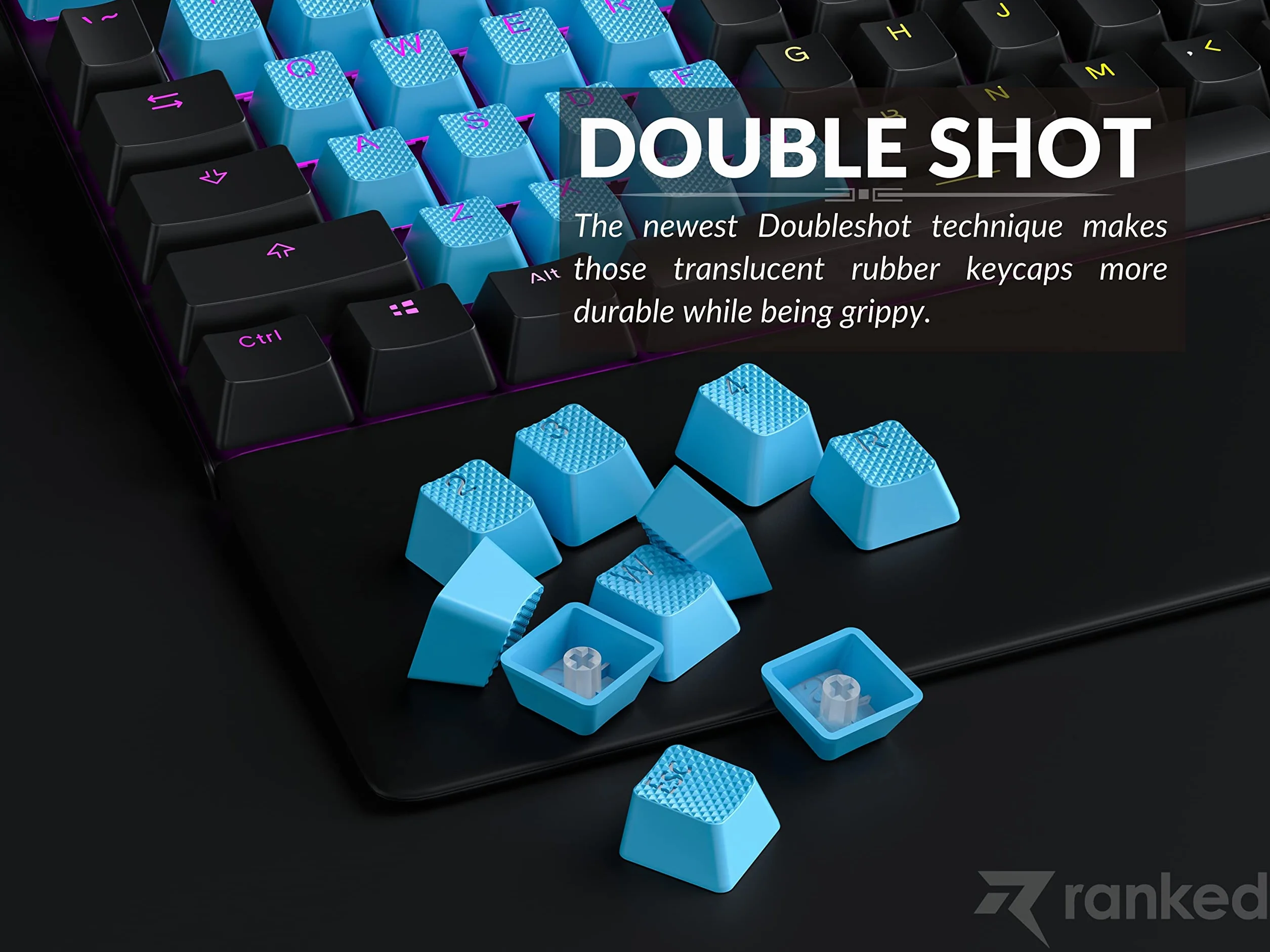 Ranked Set di 23 Tasti in ​​Gomma | Double Shot Traslucido | Profilo OEM per Tastiere da Gioco Meccaniche(Neon Blue, 23 Tasti)