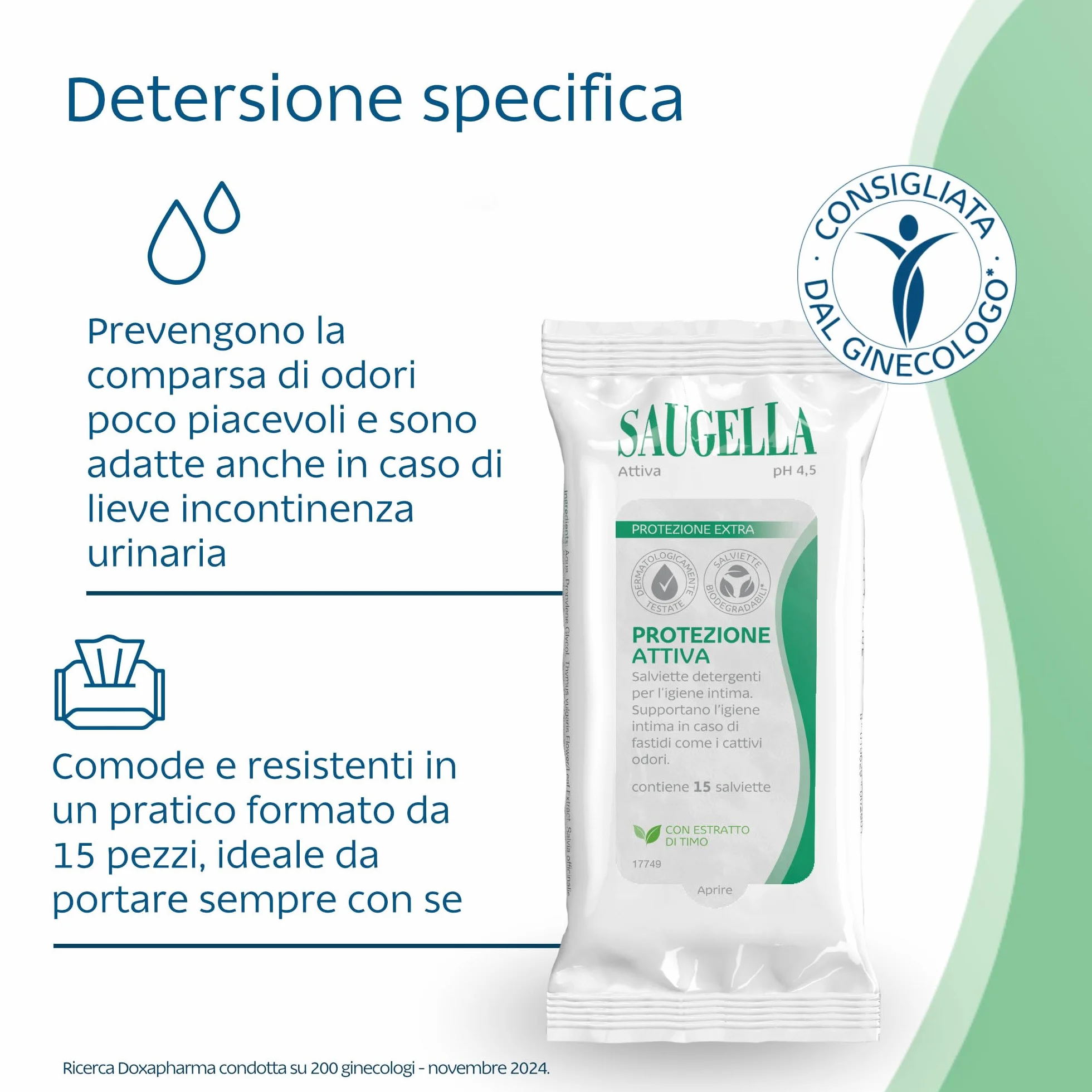 Saugella Attiva Salviettine Intime Antibatteriche pH 3.5 con Timo 15 Salviette Monouso