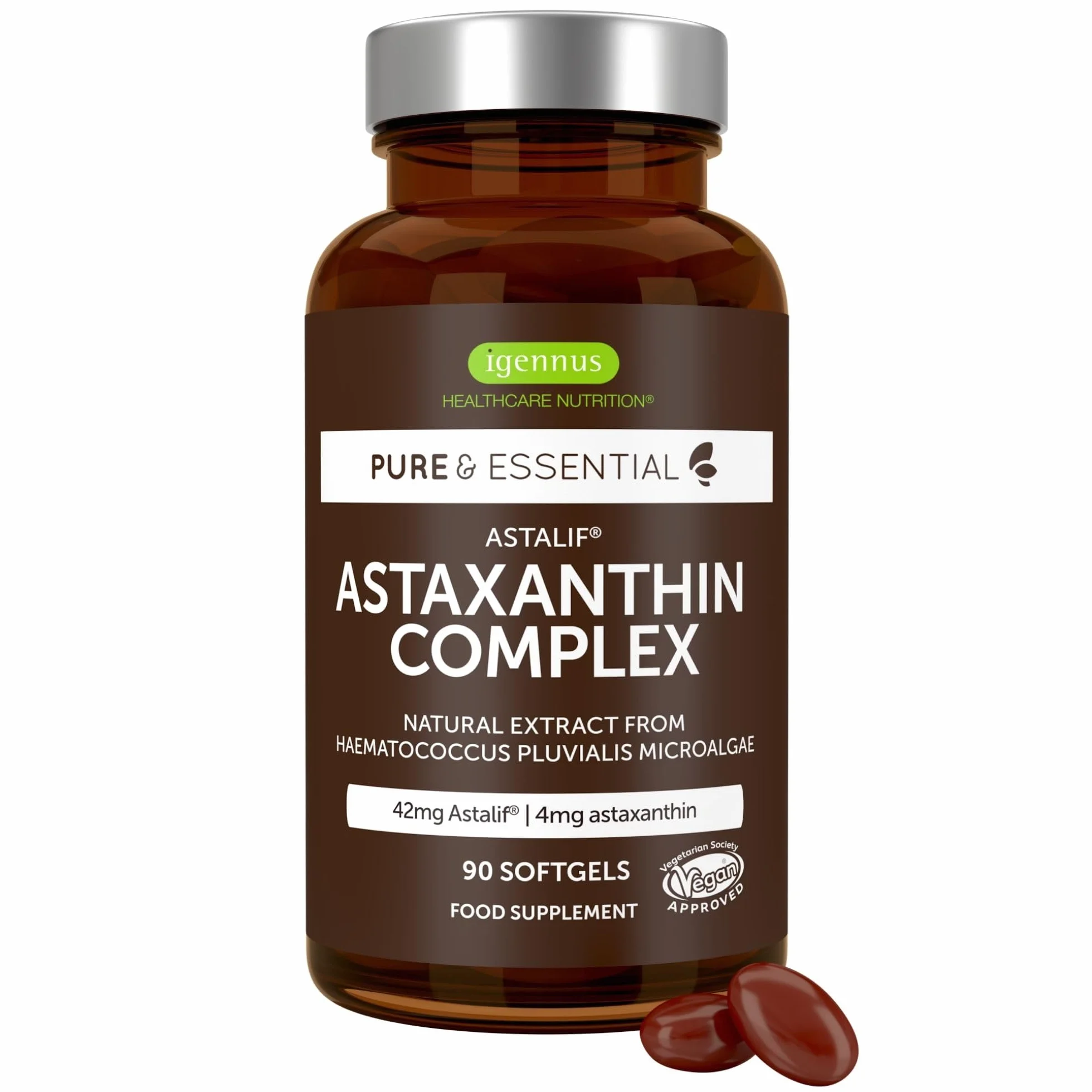 Igennus Astaxantina 4 mg Ultra Pura, Antiossidante Naturale, 90 Capsule Vegane, Integratore Vegano