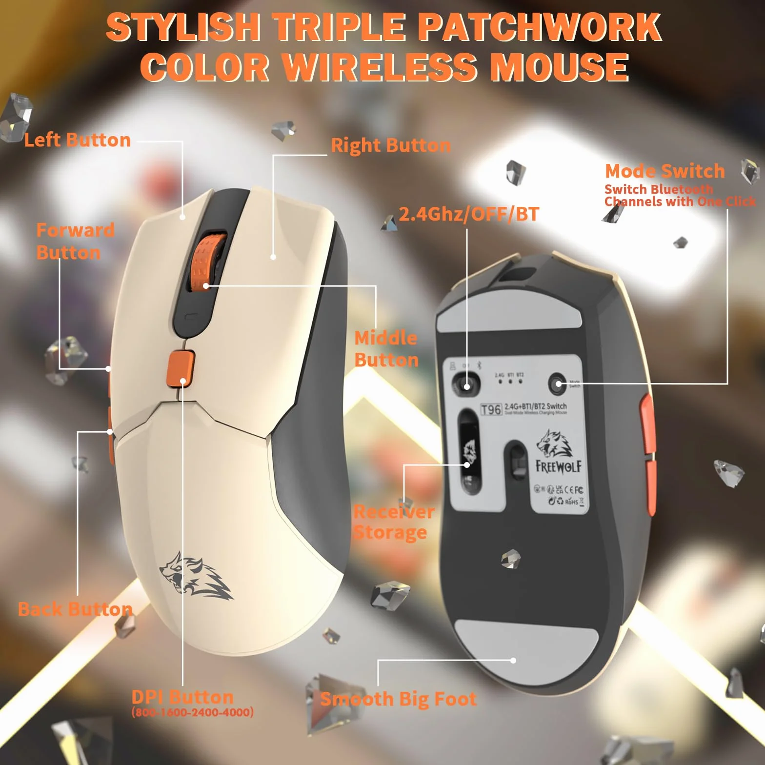 FREEWOLF T96 Tastiera e Mouse Wireless, Bluetooth & 2.4G, Tasti PBT, Manopola Multimediale, Schermo, Silenziosa, Anti-ghosting, US Layout, QWERTY, per Mac/Windows/Linux - Luccichio