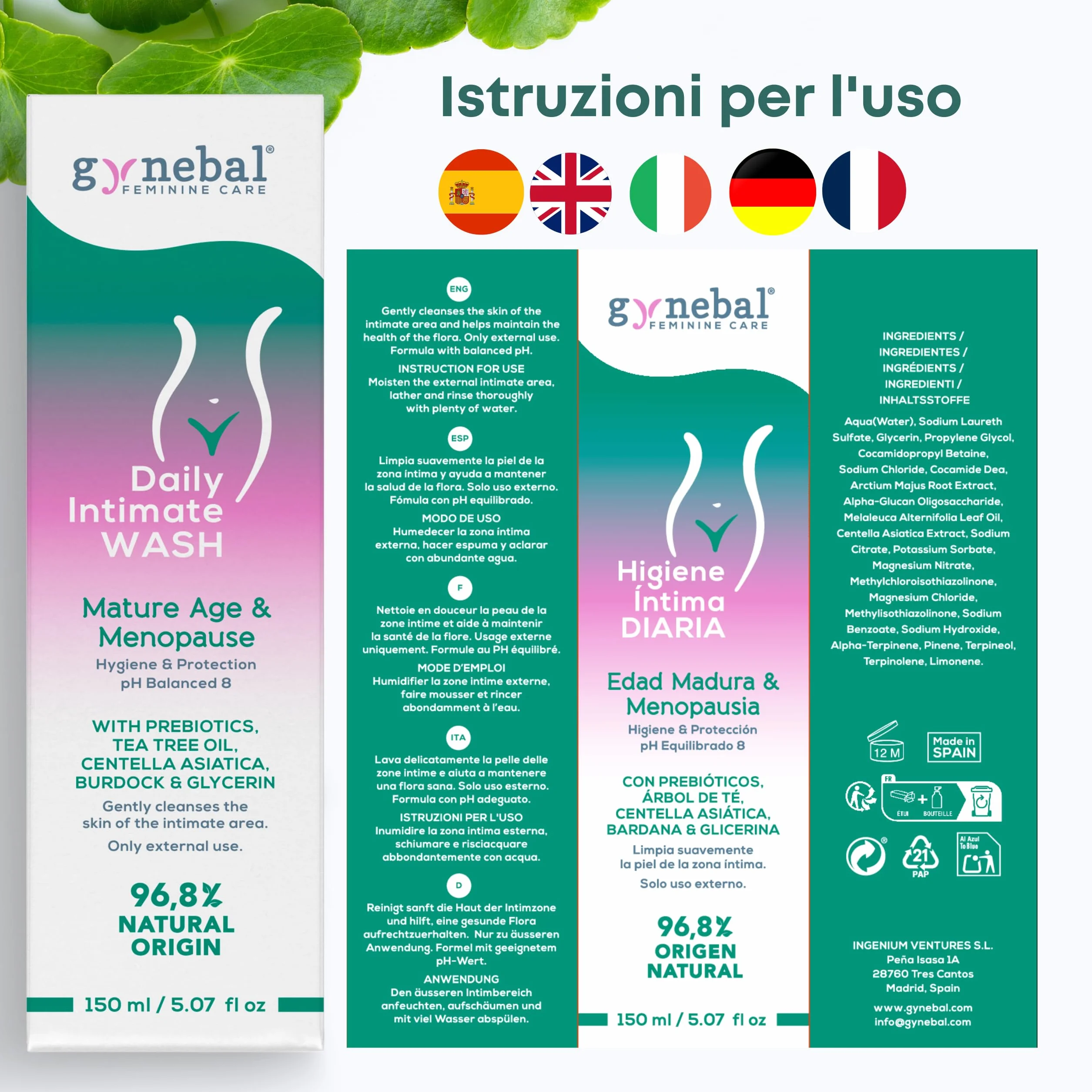 GYNEBAL detergente intimo donna tea tree oil PH 8 COMPLESSO PREBIOTICO menopausa 150 ml