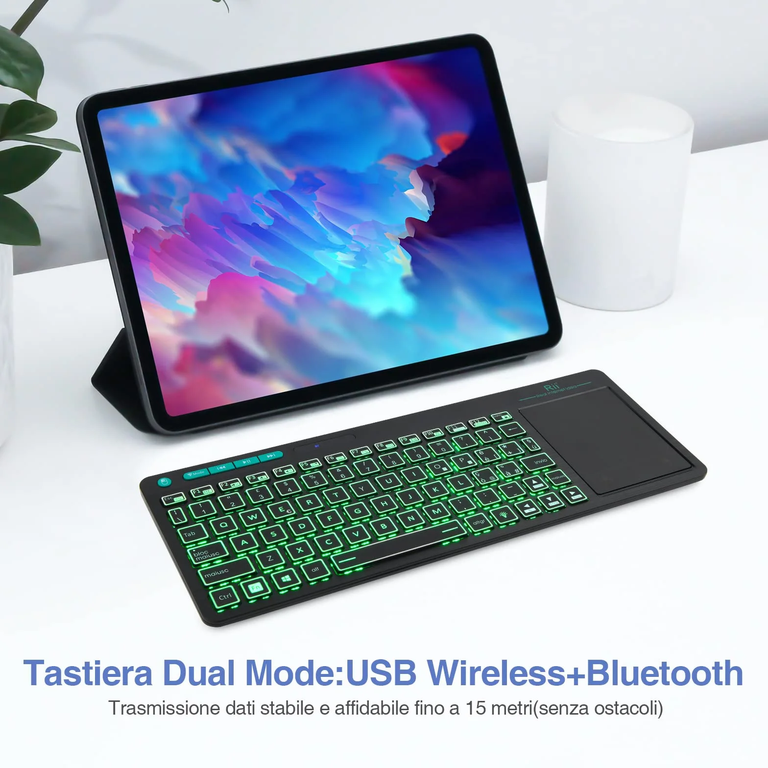 Rii Mini i18S Wireless + Bluetooth - Tastiera compatta con ampio mouse touchpad e retroilluminazione LED, compatibile con Smart TV, TV Box, Tablet, Smartphone, Console, PC, Fire TV, Raspberry