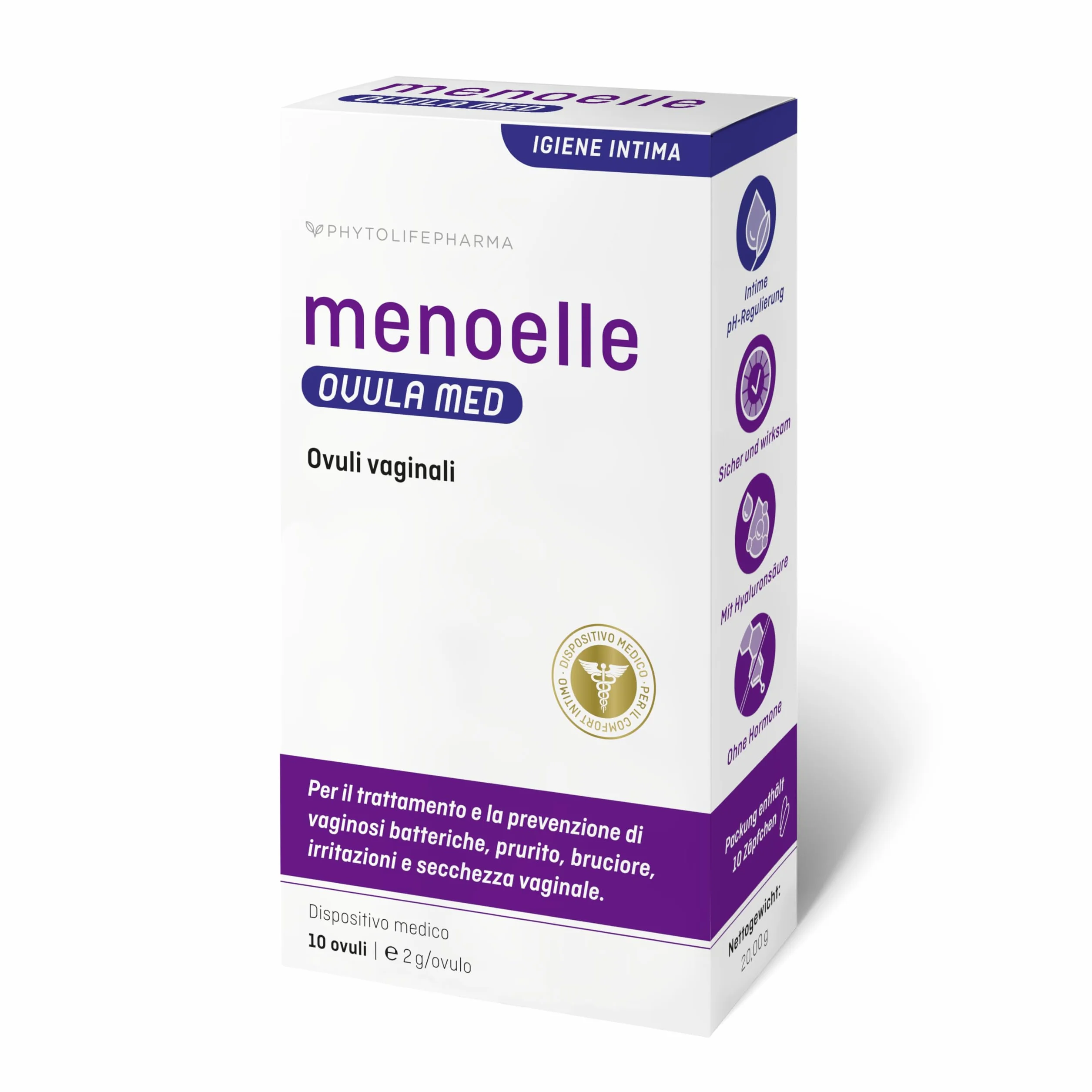 Menoelle OVULA MED Ovuli vaginali con acido lattico e acido ialuronico 10 pezzi