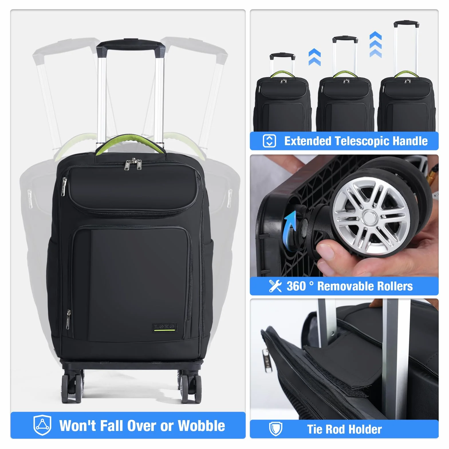 Borsa per Laptop 17.3 Pollici con Ruote Sganciabile, Trolley da Viaggio Impermeabile Nero