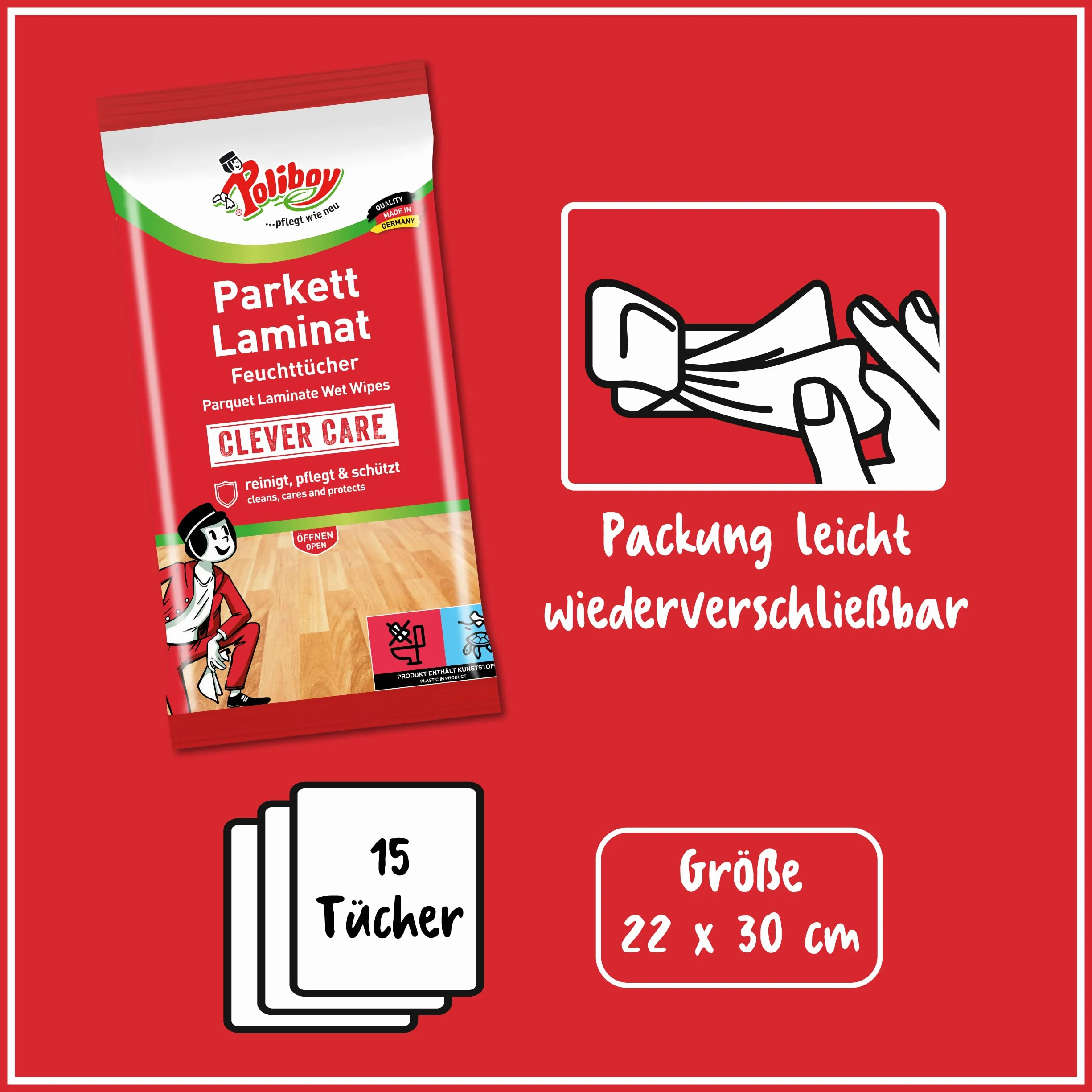Poliboy salviettine umidificate per parquet laminato 3x15 salviette made in Germany