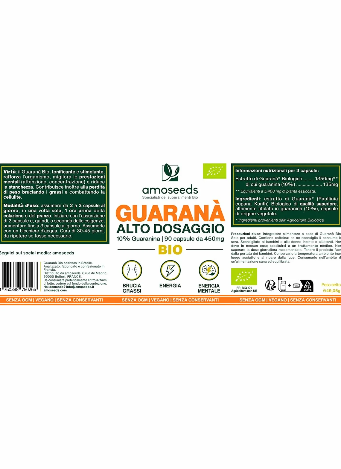 Guaranà BIO Extra Forte 5400mg 10% Caffeina Naturale 90 kapsułek Energia Koncentracja