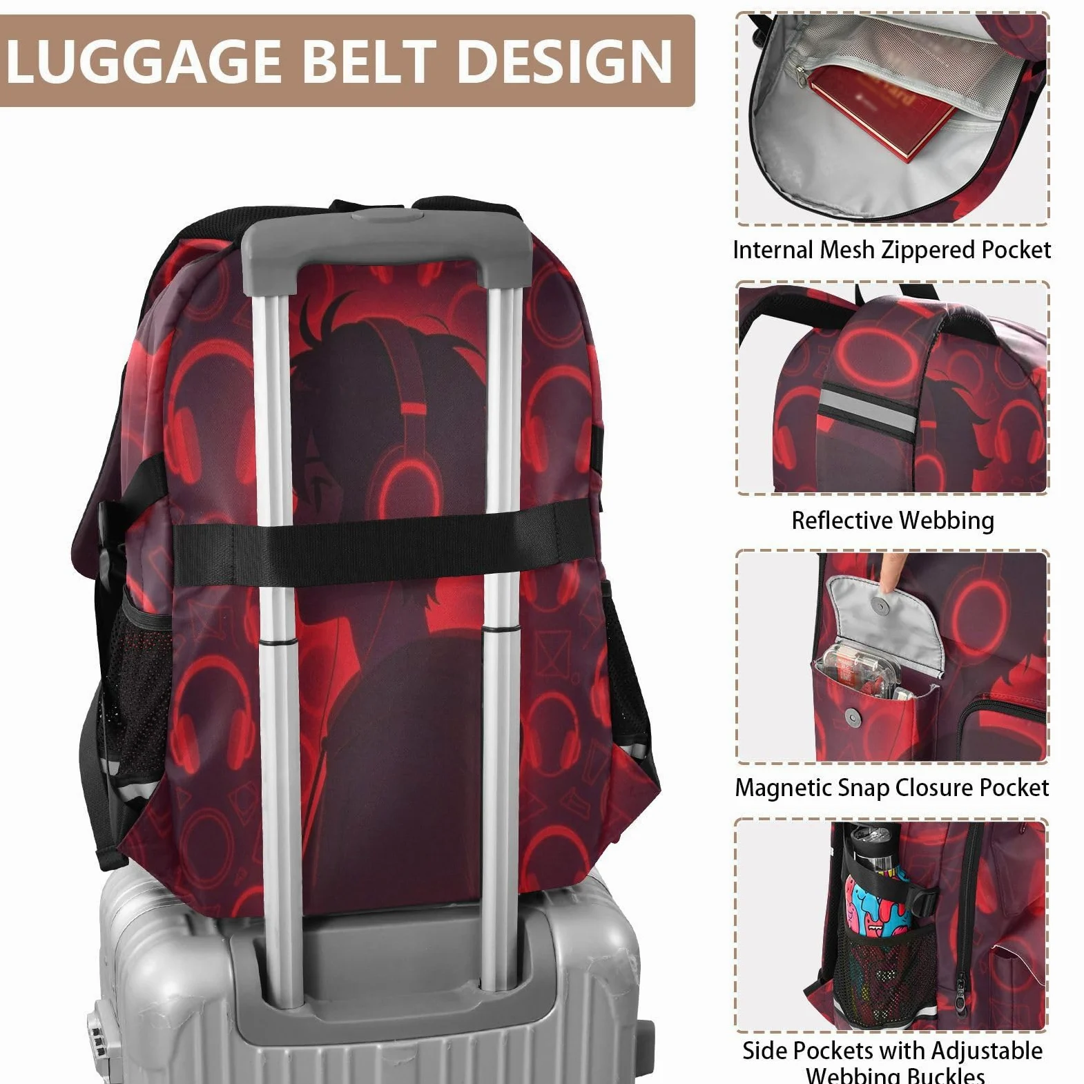 Zaini da viaggio per computer portatile, con motivo anime, con cuffie, colore rosso, 44,5 cm
