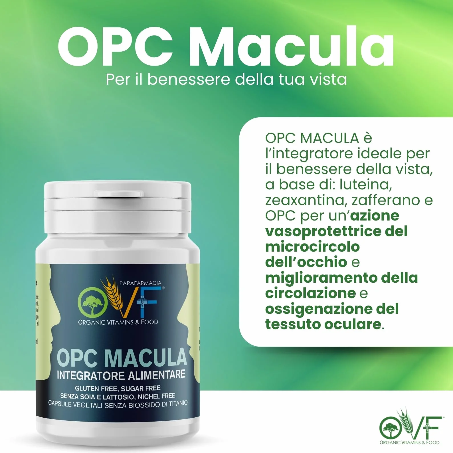 OVF OPC Macula 30 CPS Integratore Occhi Luteina Zeaxantina Carotenoidi Centella Asiatica Zafferano Pino Marittimo