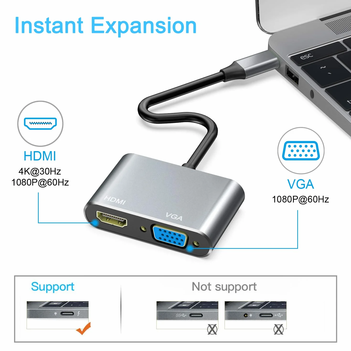 ABLEWE USB C a HDMI e VGA Adattatore, USB C Hub Thunderbolt 3 a HDMI 4K VGA 1080P per MacBook Pro