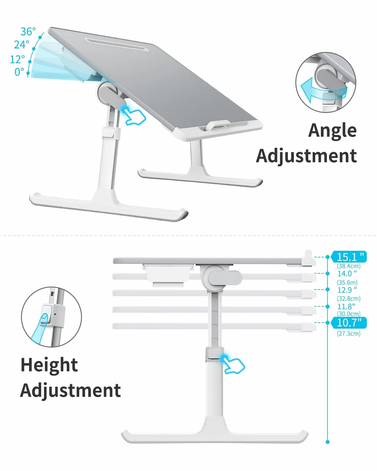 SAIJI - Tavolo per computer portatile e desktop, multi-funzione, altezza regolabile, supporto per libri e tablet, cassetto, pavimento del letto (grigio, 60 x 45 cm)