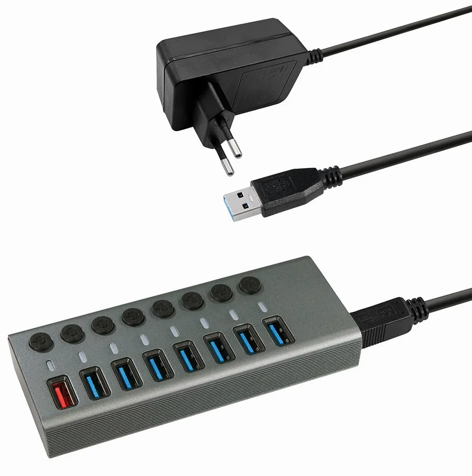 Transmedia USB HUB 3.0, 8 porte con interruttore e indicatore LED, incluso alimentatore 12 V/4 A, 7 x trasferimento dati e 1 x funzione di ricarica rapida, adatto per laptop e PC
