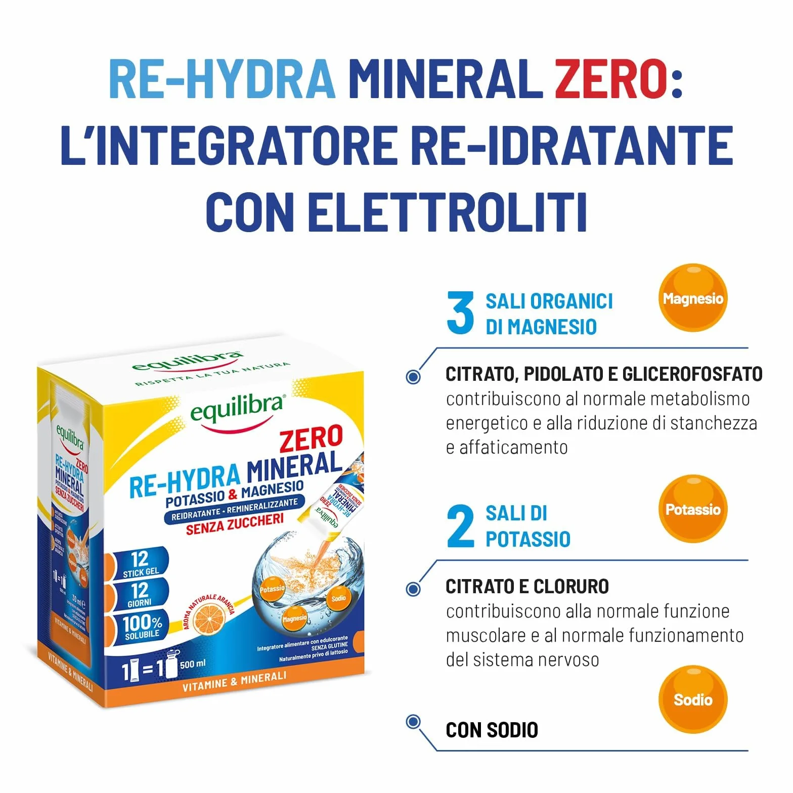 Equilibra Potassio e Magnesio Integratore Re-Hydra Mineral Zero 12 Stick Gusto Arancia Senza Zuccheri