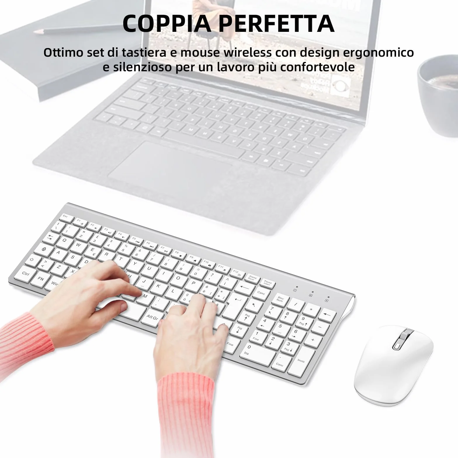 cimetech Tastiera e Mouse Wireless, Layout Italiano QWERTY, Tastiera Ultra-Sottile ‎Ergonomico Full-Size 2.4Ghz Wireless Mouse Tastiera Numerico con Ricevitore Nano per PC/Laptop/Win7/8/10（Argento）