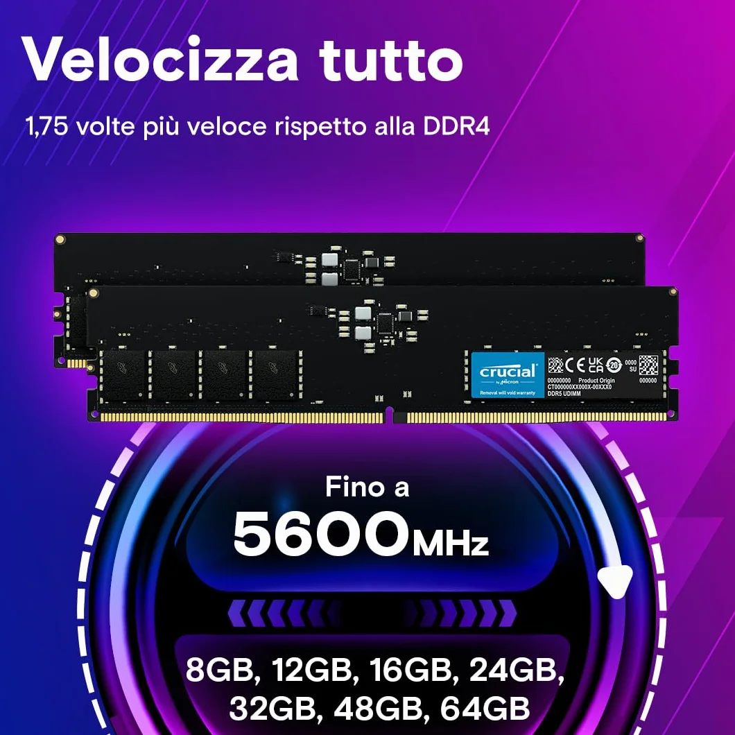 Crucial RAM DDR5 16GB 5600MHz, Memoria PC (o 5200MHz / 4800MHz) CL46 - CT16G56C46U5