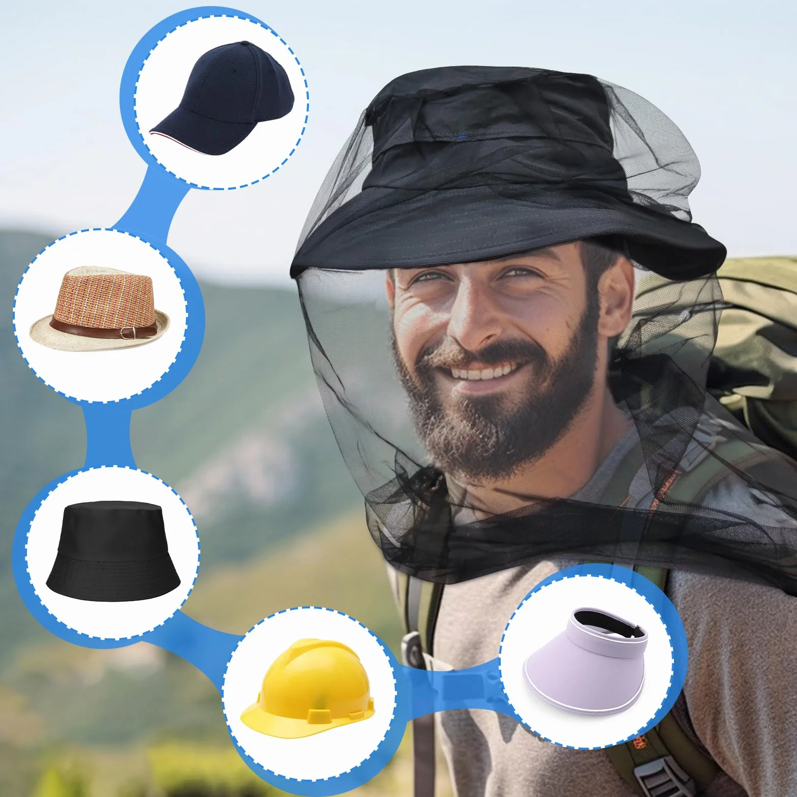 Cappello con zanzariera Confezione da 2 pezzi Protezione da mosche e insetti Ultra grande e lunga fori extra fini Head net