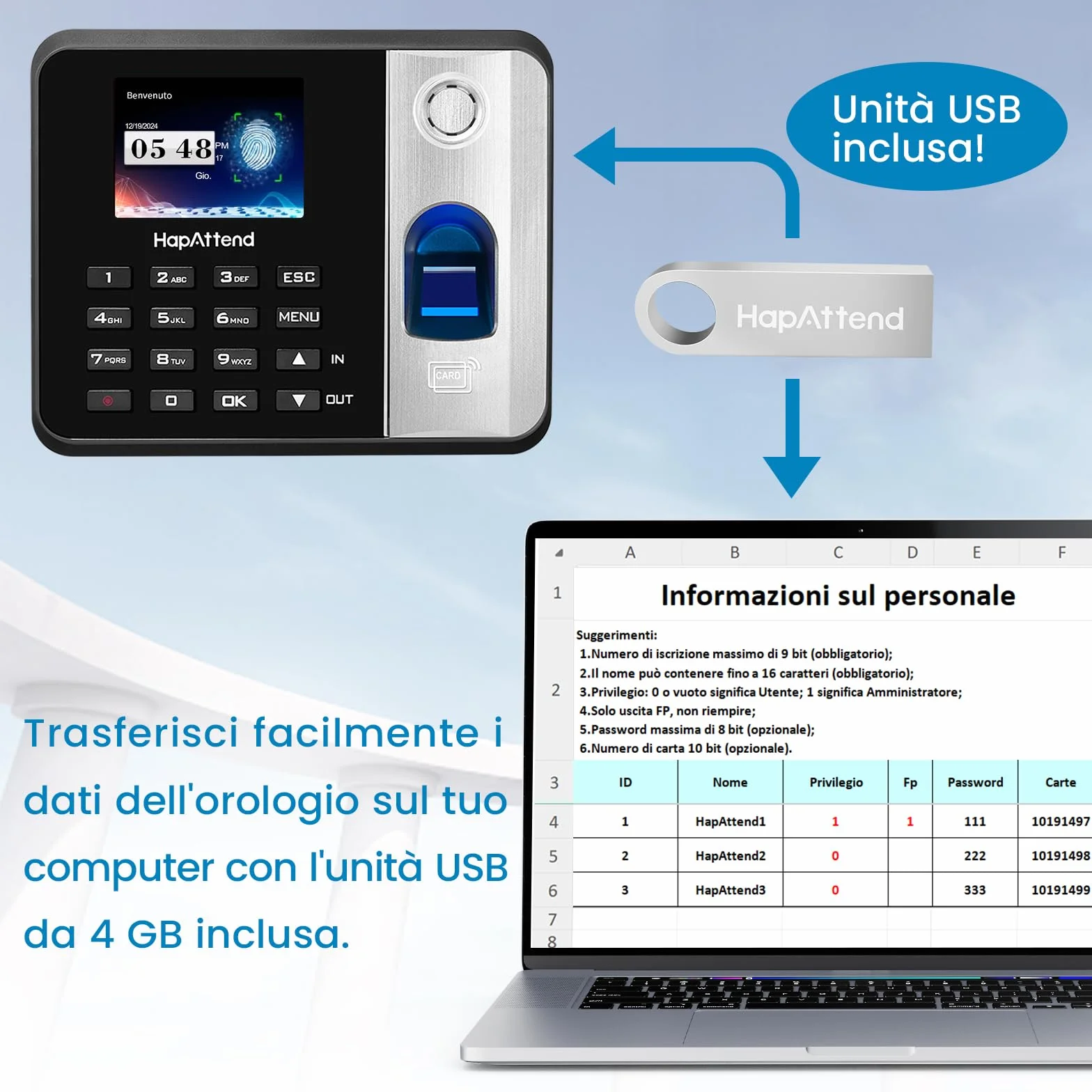 Rilevatore presenze HapAttend H1 con impronte digitali e RFID, timbratrice per dipendenti