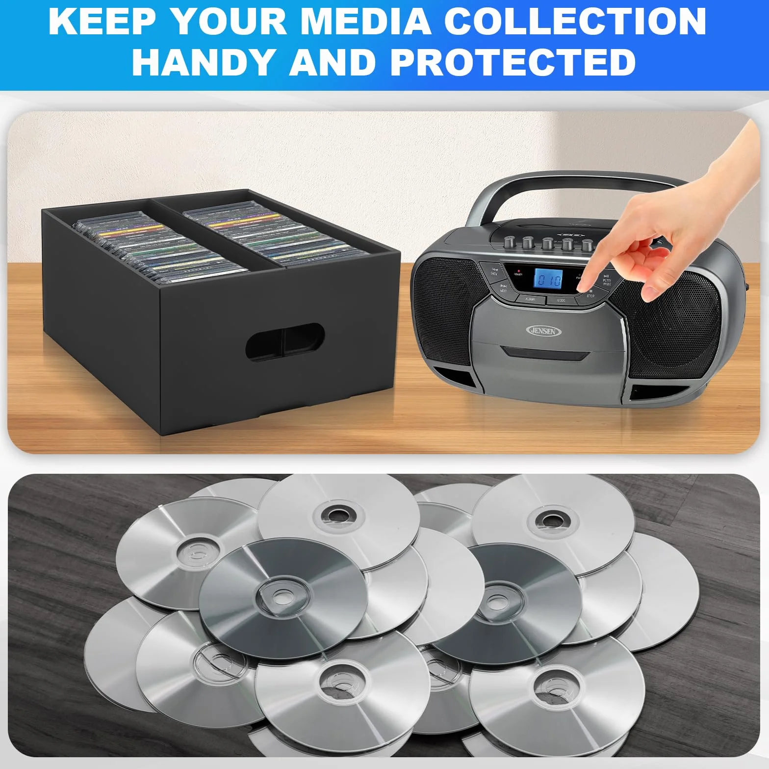 AOBOPLE Set di 3 scatole di immagazzinaggio CD a 2 scomparti con lucernario trasparente, archiviazione DVD può contenere 990 CD tascabili/360 custodie sottili/180 custodie Jewel