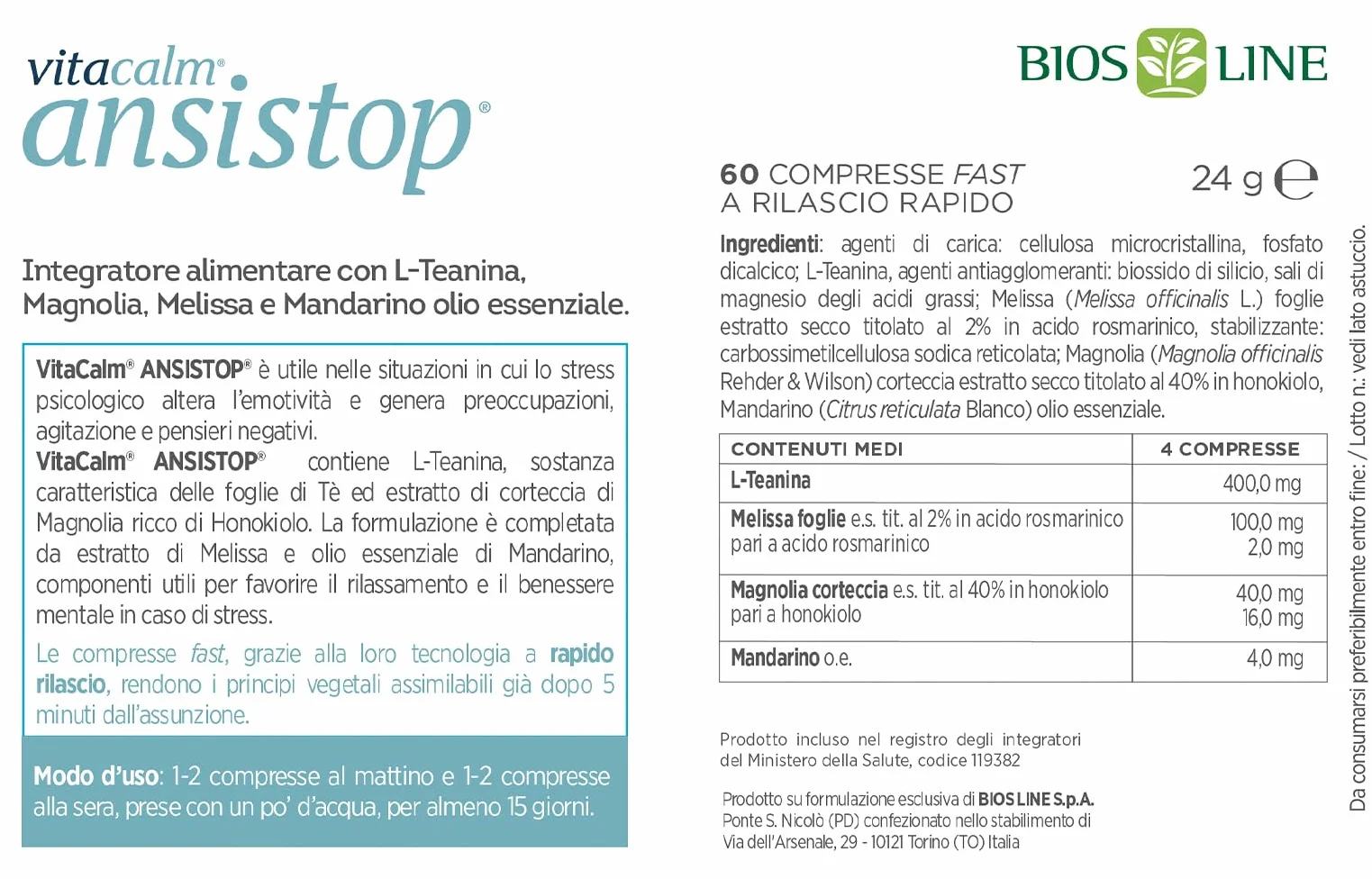 Bios Line Vitacalm Ansistop Fast A Integratore Alimentare 60 Compresse