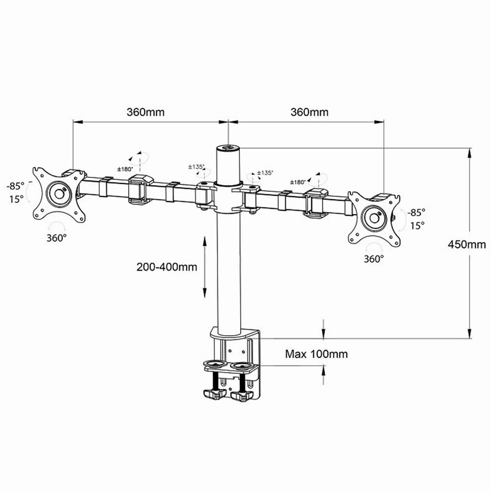 Braccio per Doppio Monitor da 10-32", autoportante, Robusto, Completamente Regolabile, Supporta Fino a 10 kg per Braccio con VESA 75x75mm.,