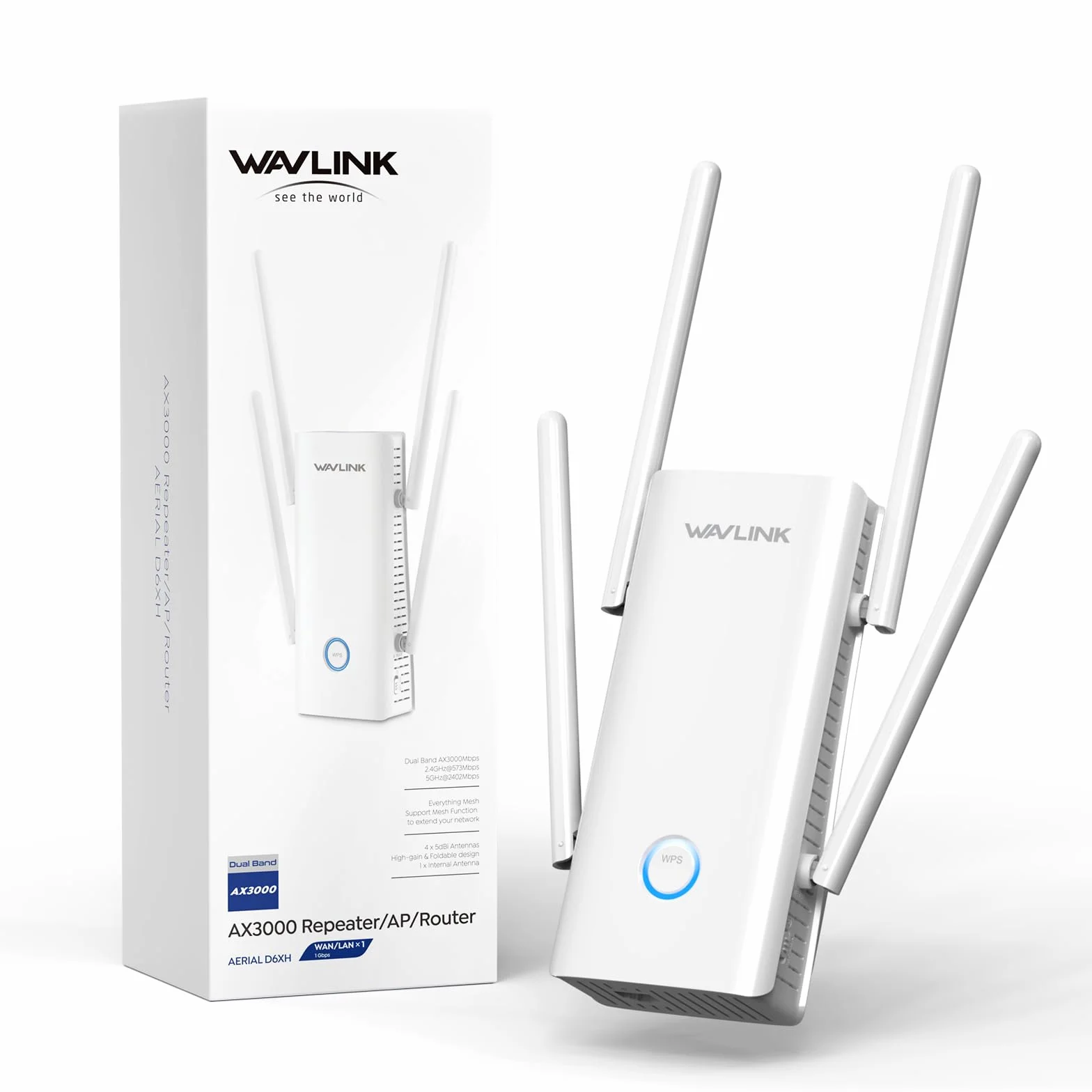 WAVLINK Ripetitore WiFi 6 Potente per Casa, Amplificatore Segnale wifi AX3000 con porta Ethernet, Doppia Banda(5GHz/2.4GHz) Access point WiFi Extender Antenne 5 * 5dbi Copertura fino a 3000sq.ft
