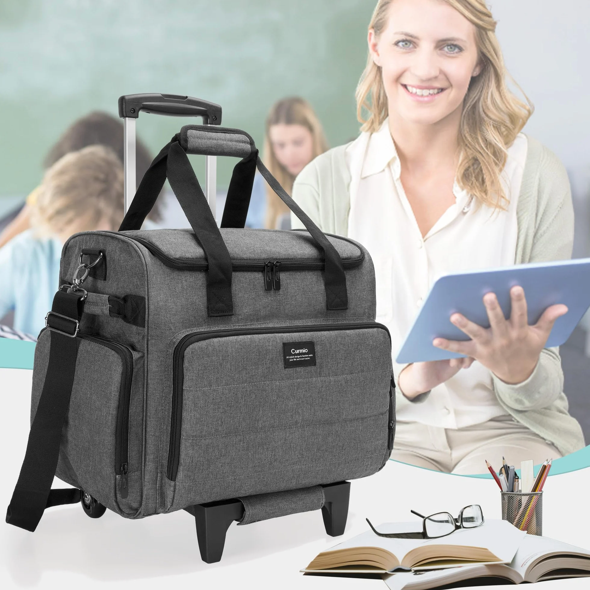 CURMIO Borsa da Insegnanti con Rotelle, Scomparto Organizzatore File Espandibile, Grigio