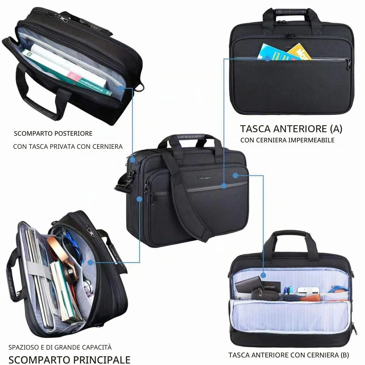 KROSER 18" Borsa del Portatile Cartella per Laptop Adatto per Laptop fino a 17,3 Pollici Borsa a Tracolla Espandibile Borsa per Computer con Tasche RFID per Viaggi/Affari/Scuola/Uomini/Donne-Nero