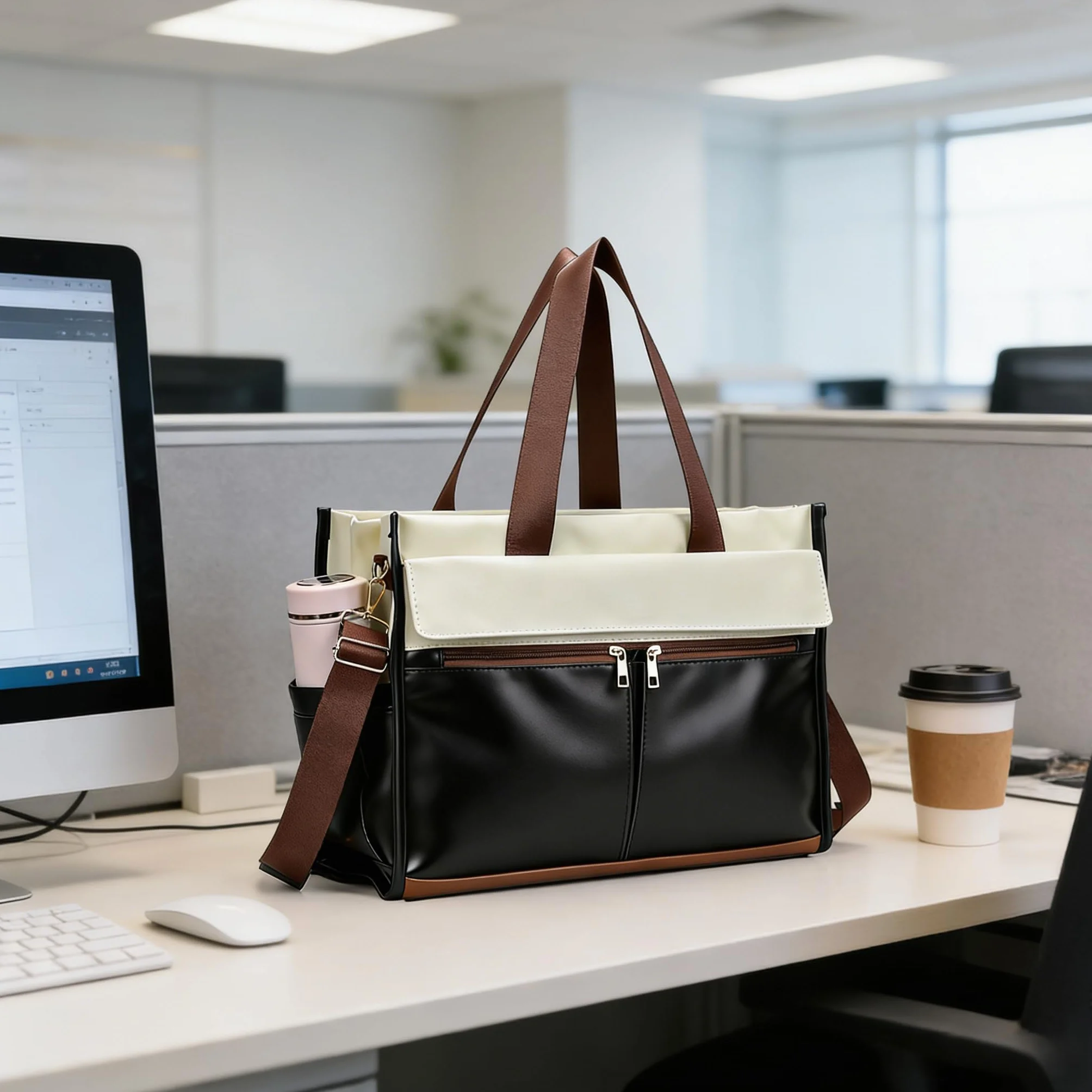 Newou - Borsa per il pranzo da donna, 15,6 pollici, con scomparto per il pranzo isolato, 2 in 1, con scomparto frigorifero, impermeabile, per ufficio, scuola, insegnante, regalo (bianco e nero