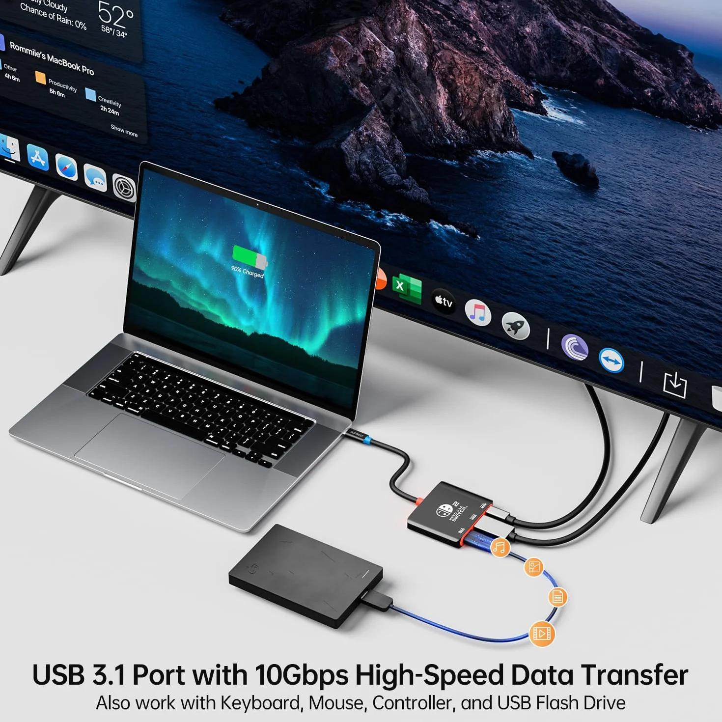 Sostituto Dock per Switch 2, 4K@60Hz HDR, 100W PD, USB-A 3.1 10Gbps, Dock Portatile per Viaggi e Gaming, Dissipazione in Alluminio Perfetto per Steam Deck, Switch OLED/2/1, Supporta l'ultimo Firmware
