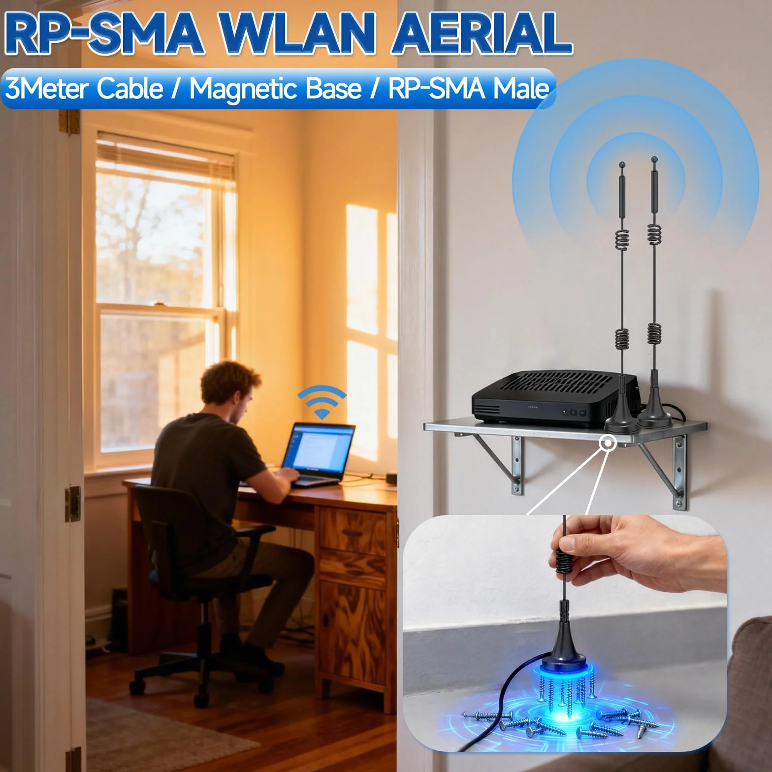 Bingfu Antenna WiFi 2,4GHz 5GHz Bibanda 9dBi MIMO Maschio RP-SMA Omnidirezionale con Base Magnetica Cavo Prolunga 3 m per Router WiFi Telecamera IP Sicurezza Schede Madre Adattatore USB, 2 pacchi