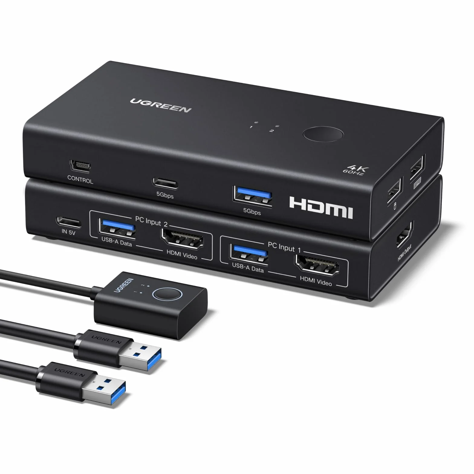 UGREEN Switch KVM HDMI 2.0 2 ingressi 1 uscite 4K 60Hz per 2 PC con 4 porte USB 3.0 5Gbps per tastiera, mouse, disco rigido, controller desktop compatibile con Windows, Linux, macOS