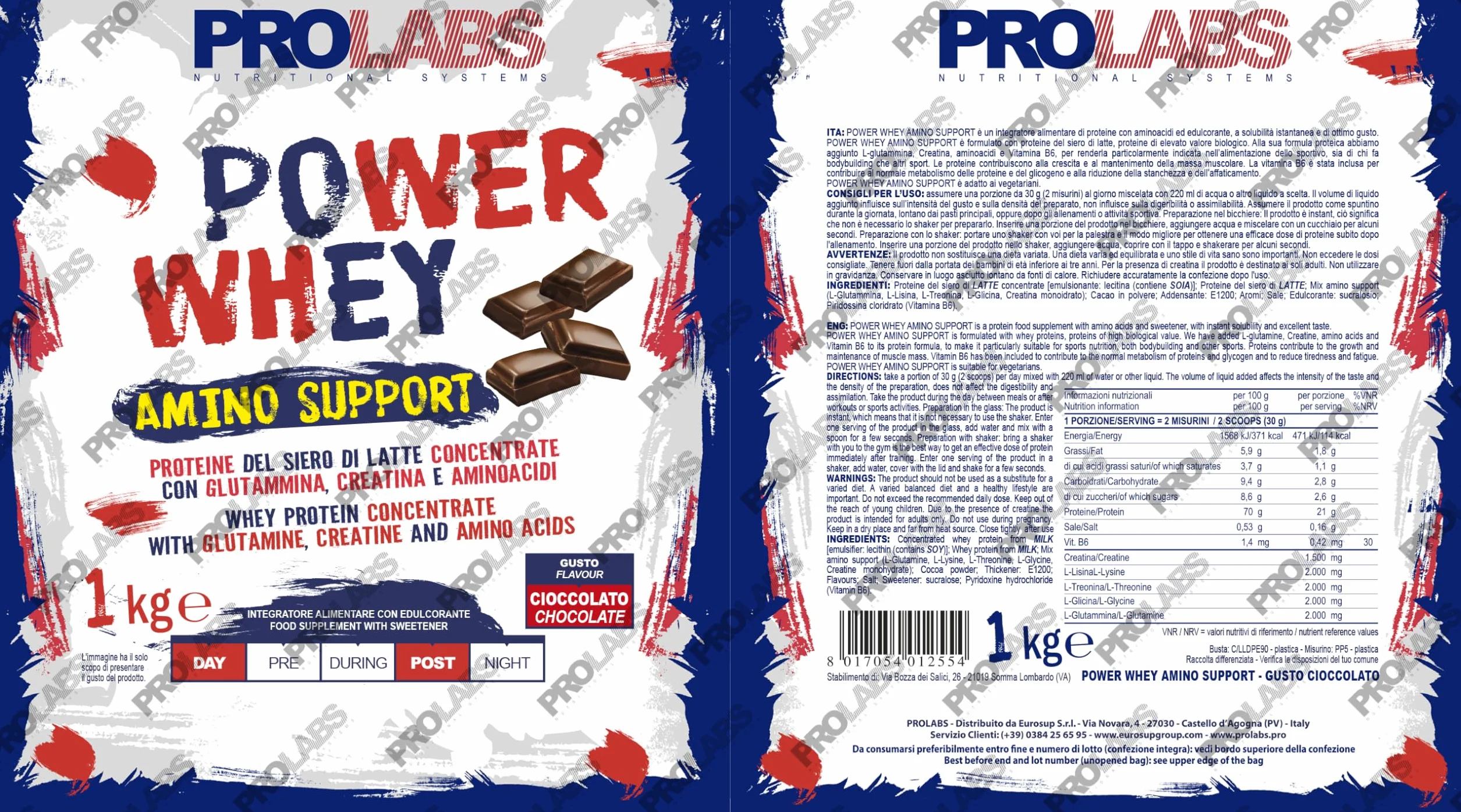 PROLABS Whey Protein Concentrate 1kg Cioccolato Aminoacidi Essenziali BCAA Creatina Glutammina Vitamina B6