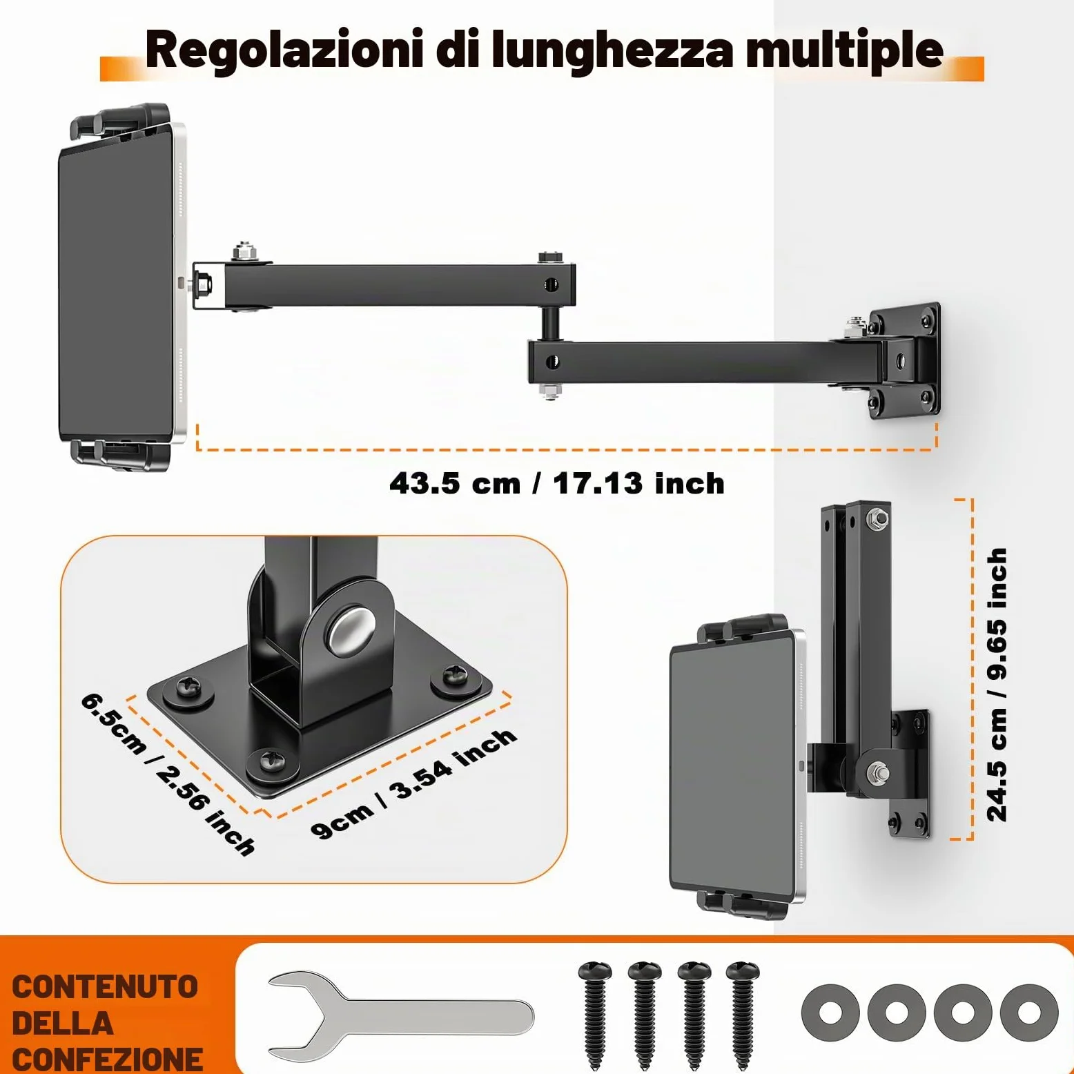 Tendak Supporto da Parete per Tablet, Supporto Muro Tablet Lunghezza Estendibile è di 10-43 cm, in Lega di Alluminio, Porta Tablet da Muro per Tutti Smartphone e Tablet da 4,7-13,5 Pollici