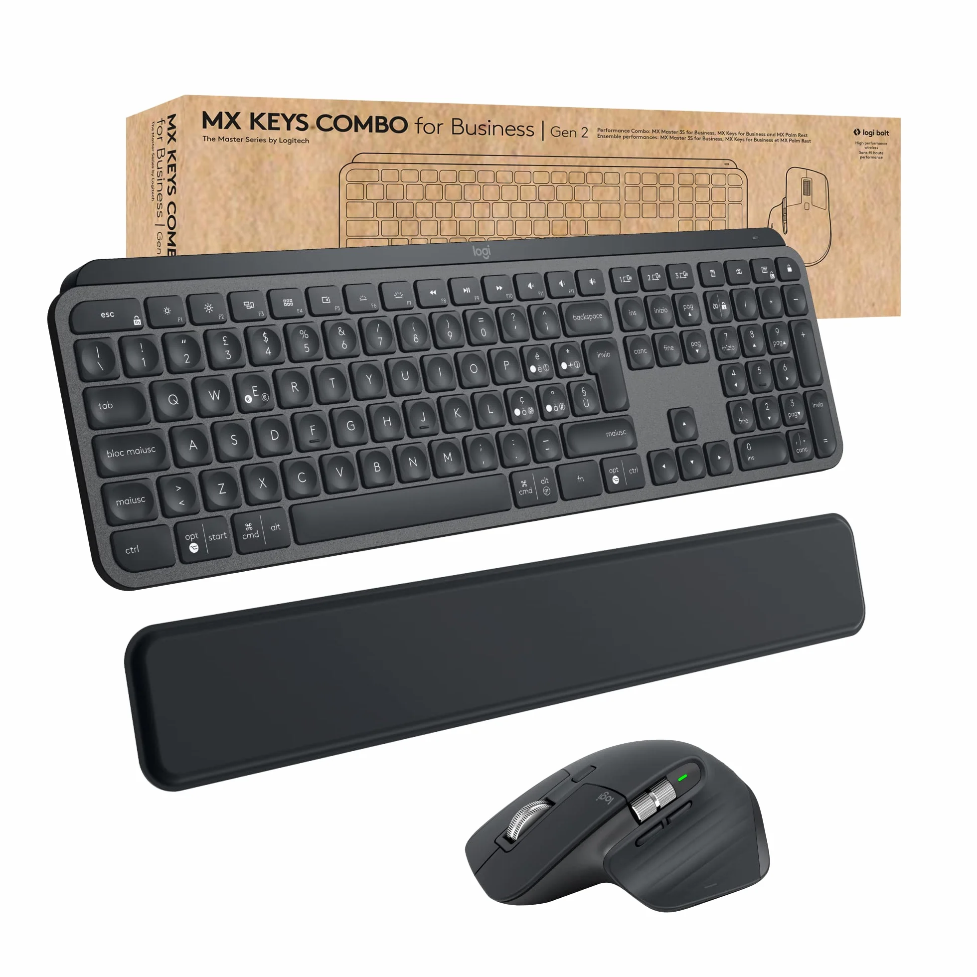 Logitech MX Keys Combo for Business | Gen 2, Tastiera e Mouse Wireless Full Size, con Poggiapolsi, Bluetooth , Logi Bolt, Clic Silenziosi, Windows/Mac/Chrome/Linux, Italiano QWERTY - Grigio